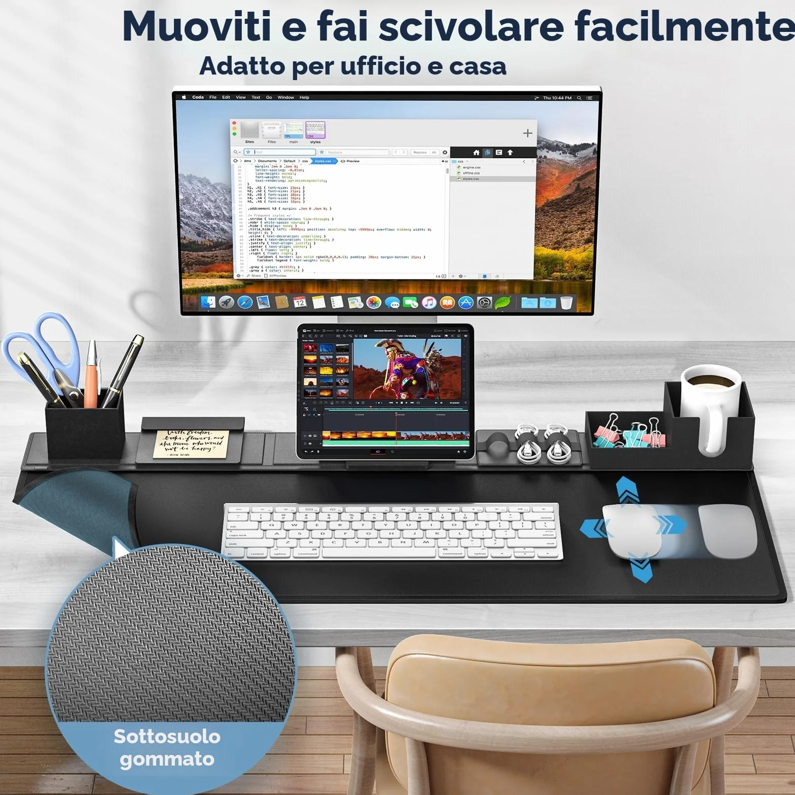KDD Sottomano Scrivania in Pelle PU 6 in 1 con Organizer Magnetici per Supporto Tablet, Portabicchieri, Portacarte, Portapenne, Gestione Cavi