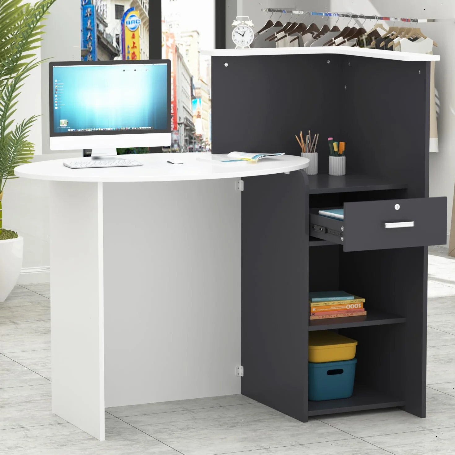 Banco reception,reception tavolo bancone, Banco reception con ripiano aperto e 1 cassetto con serratura, banco reception ufficio bancone, MDF, 40 x 121 x 110cm, Bianco, Grigio Scuro