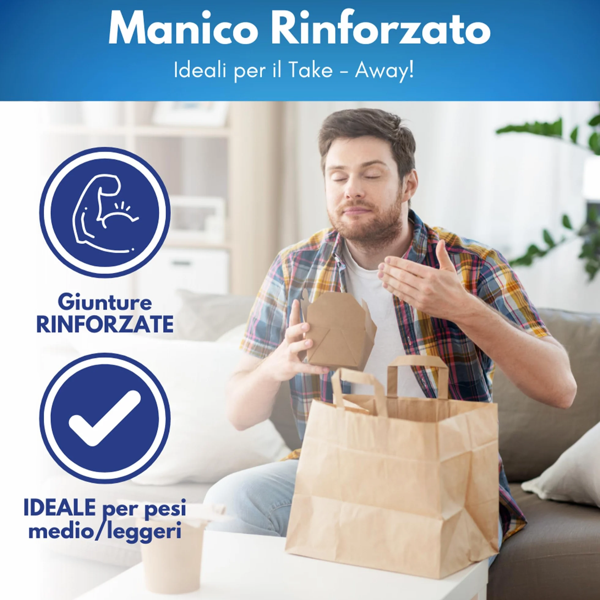 GM 50 Shopper Asporto in Carta 26+17x29h cm Avana Borse con Base Larga e Manici per Cibo Bevande Take Away