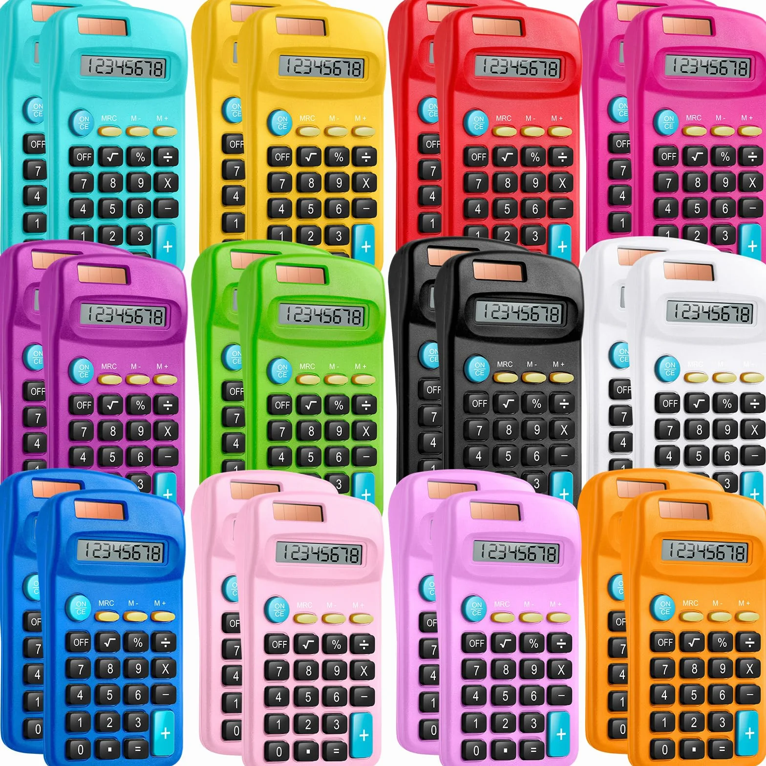 Confezione da 24 mini calcolatrici tascabili per studenti ad angolo portatile, display a 8 cifre, batteria solare, doppia alimentazione, piccola calcolatrice per studenti, bambini, casa, ufficio (12