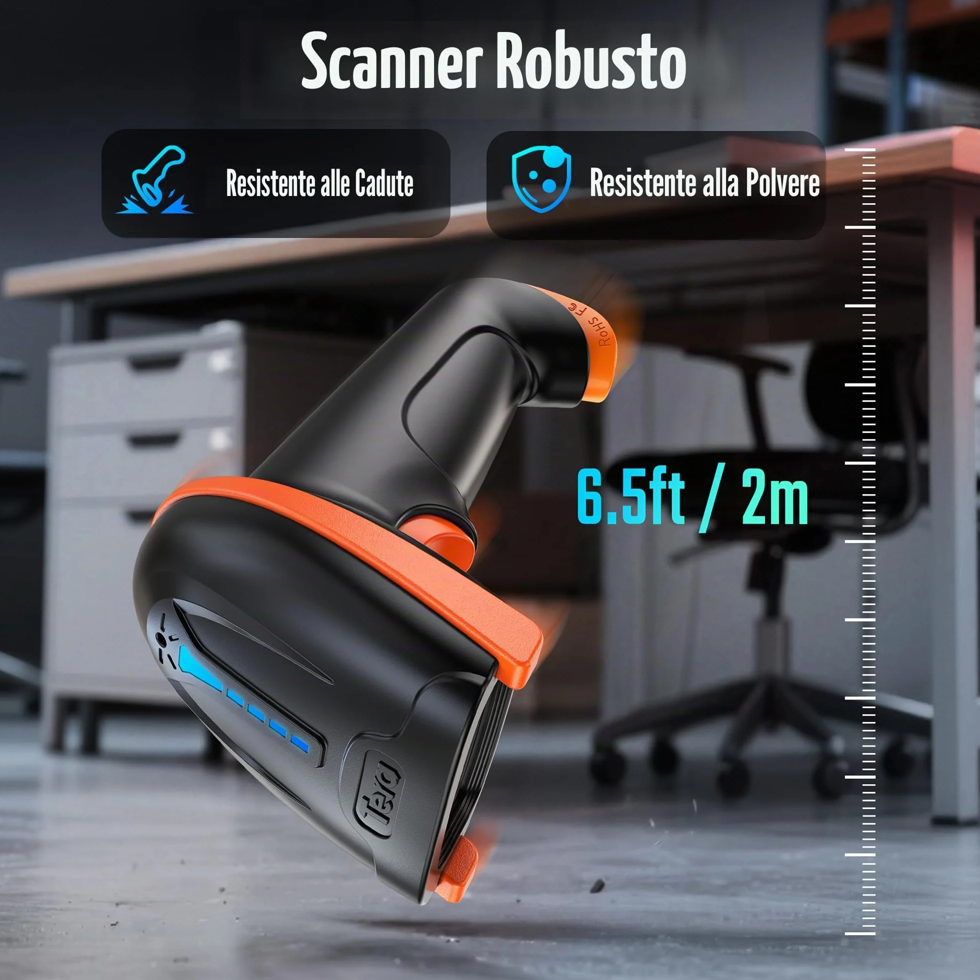 Tera Lettore di codici a barre 1D 2D QR senza fili 2,4 GHz + cavo USB 2,0, lettore di codici a barre con supporto, risoluzione 5 mil, portata 100 m, D5100.