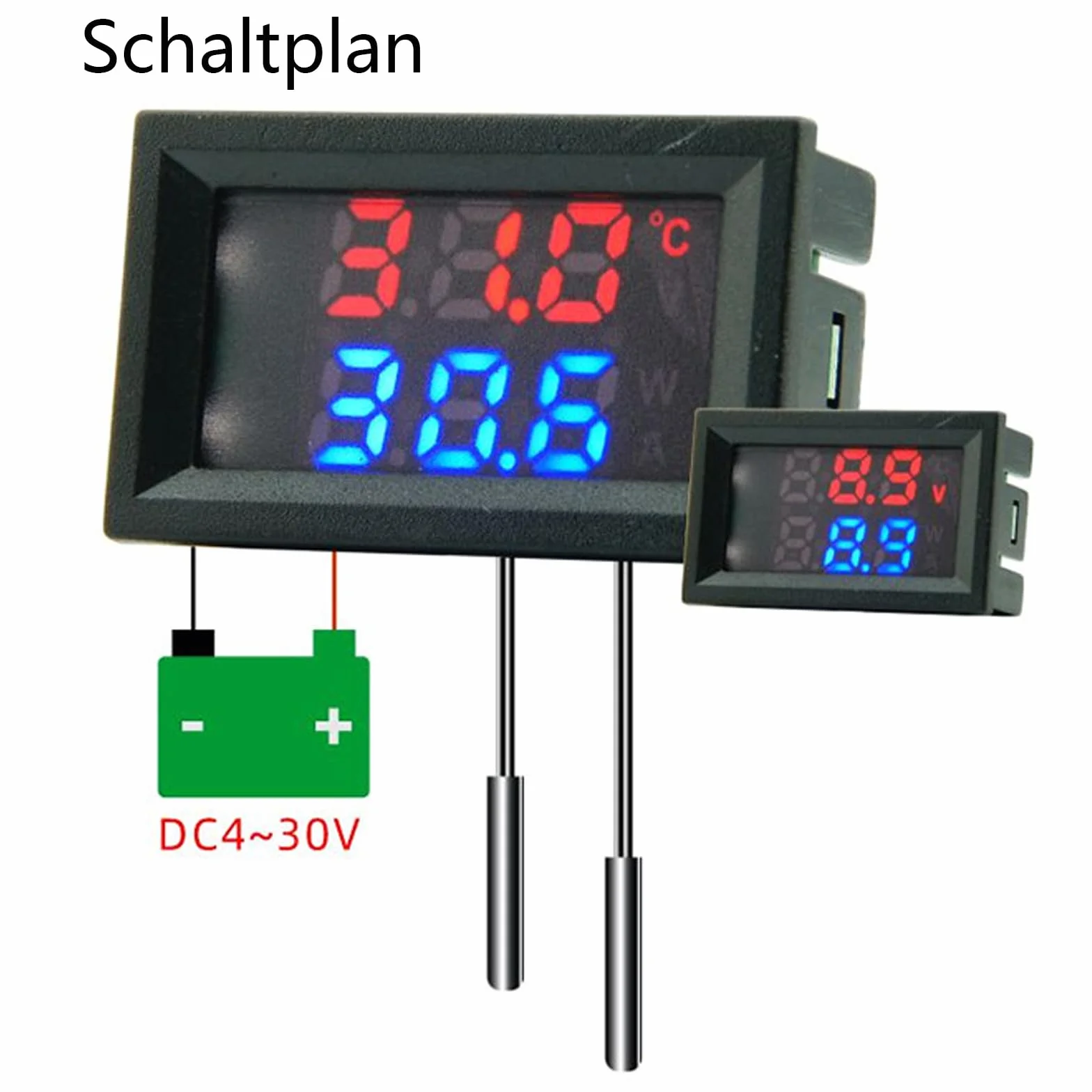 Termometro Digitale Doppio Display 4~30V Alimentazione Diretta Impermeabile Sensore di Temperatura Metallo Rosso Argento Blu