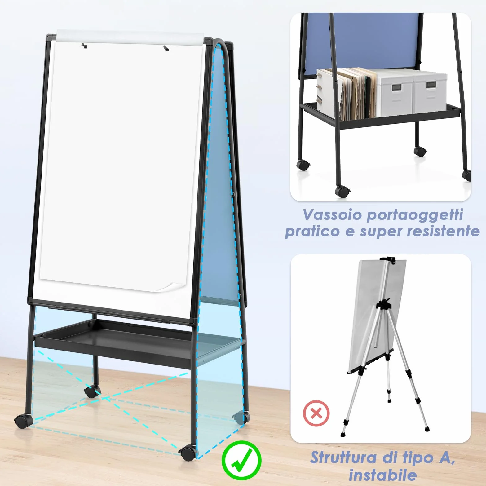 MAKELLO Lavagna Magnetica a Doppia Faccia Mobile con 4 Rotelle - Lavagna a Fogli Mobili, Struttura in Alluminio Nero Regolabile in Altezza, Stabile per Ufficio/Aula/Home Office
