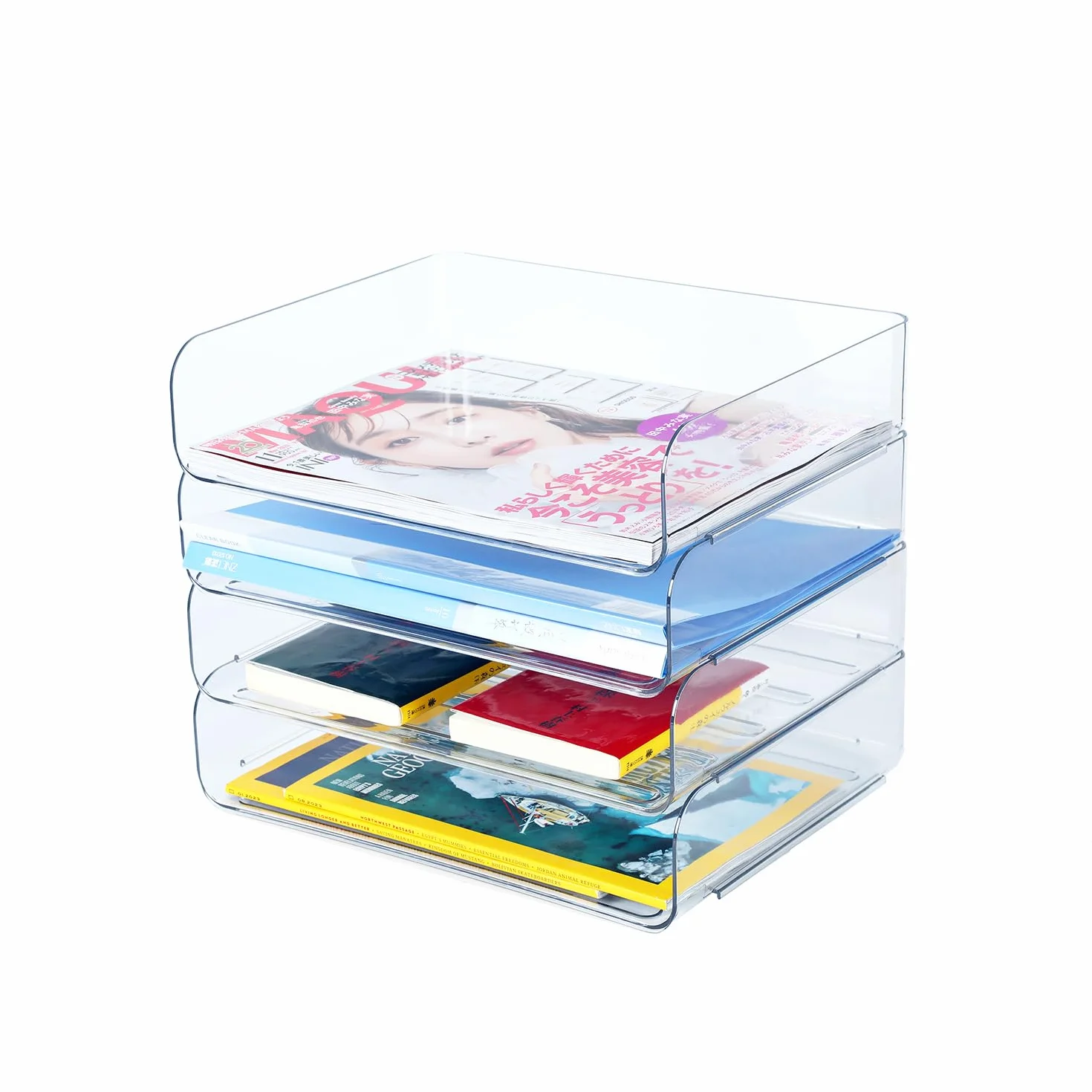 Vassoi di carta impilabili,Porta lettere, Vassoi corrispondenza e supporti, vassoio per accessori da scrivania,supporto per carta A4,forniture,ricevute((Confezione da 4,trasparente)