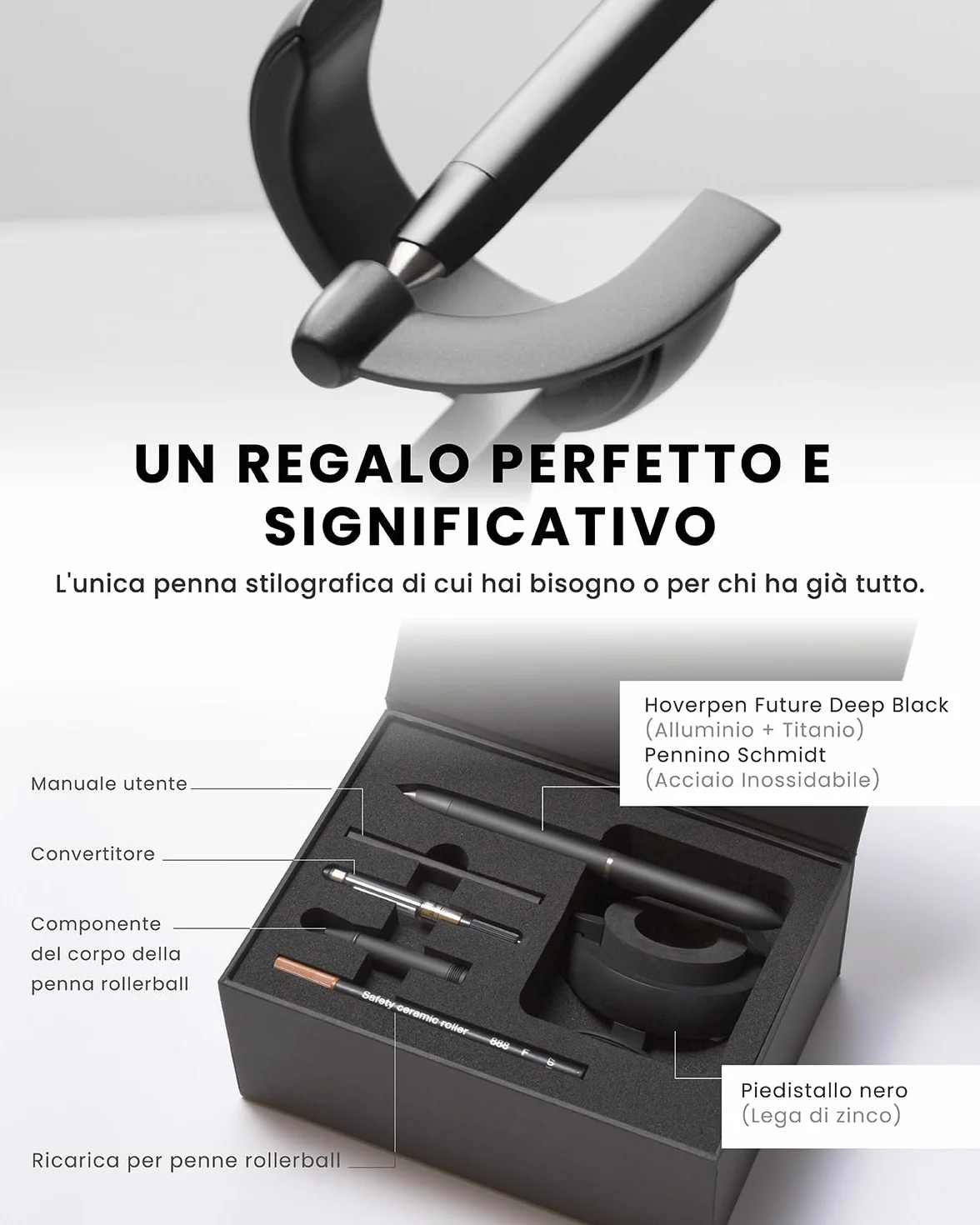 novium Hoverpen Future - Penna fluttuante 2 in 1 stilografica e roller, levitazione magnetica, design ispirato allo spazio, decorazione da scrivania, idea regalo di lusso, Deep Black