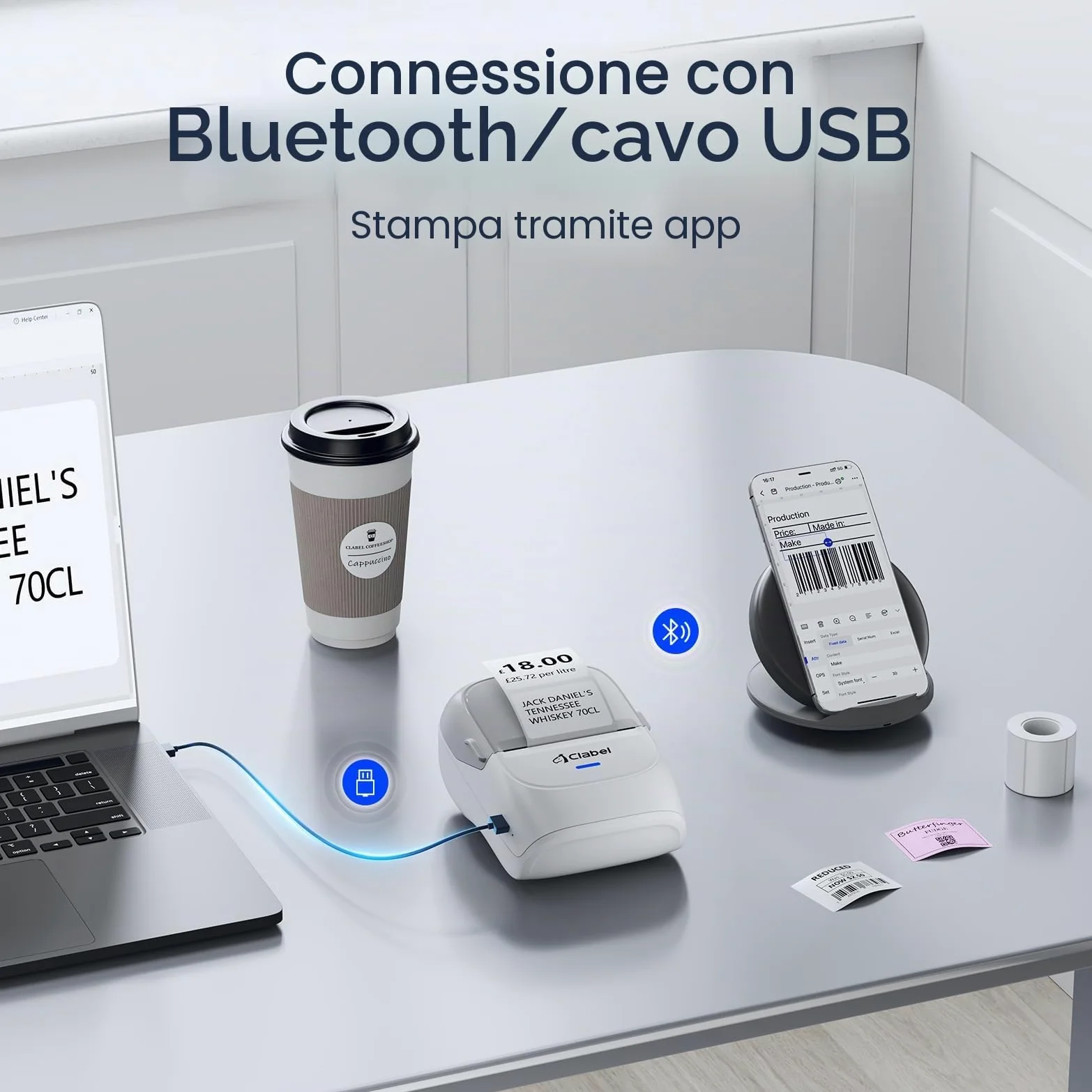 CLABEL Mini Portatile Stampante per Etichette: 221B Bluetooth Termica Etichettatrice Adesive Compatibile con iOS e Android Label Printer con 1 Rotolo di Etichette per Ufficio Casa Prezzo(Grigio)