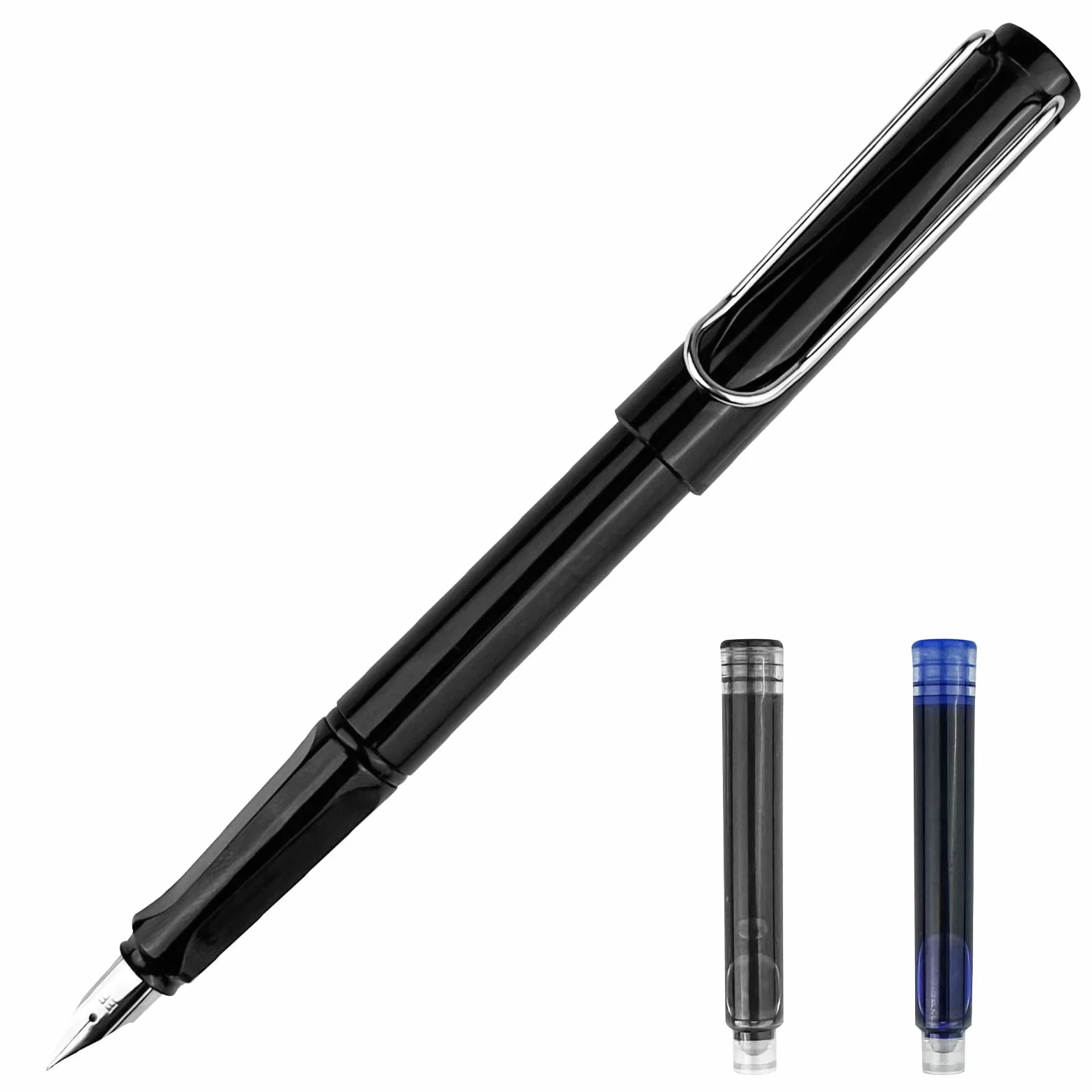 Penna Stilografica Pennino Fine Acciaio Lucido EF, 2 Cartucce Blu Nero, Scrittura Ufficio Destrimani