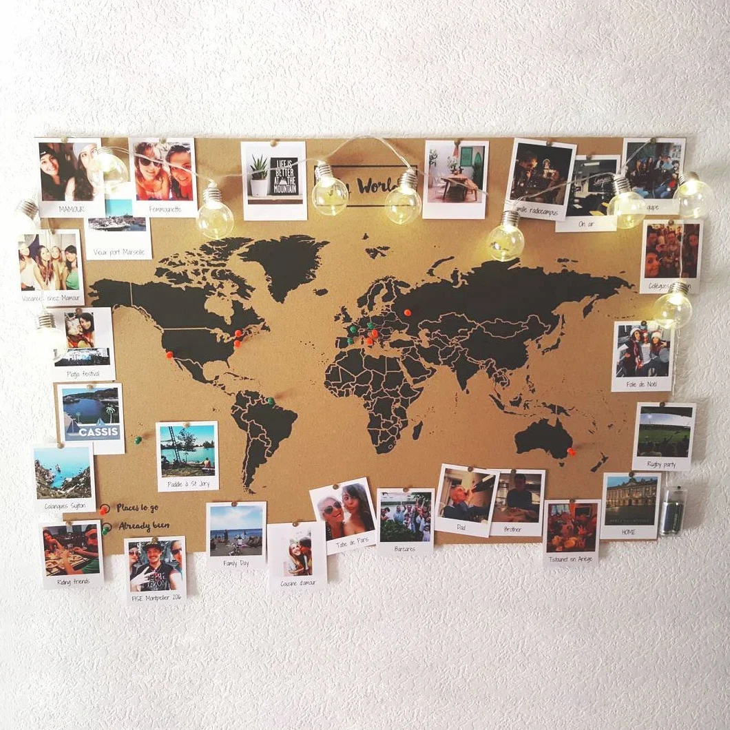 Miss Wood Map XL, Mappa del mondo di Sughero, 60 x 90 cm, Naturale/Nero