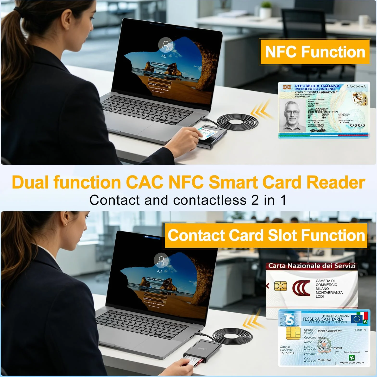 USB C Lettore CIE 3.0 Carta d'identità Elettronica e Tessera Sanitaria Italiana,Lettore Smart Card Firma Digitale Lettore Smart contatto e contactless CIE/CRS/CNS,Lettore NFC per Windows 10 11 Linux