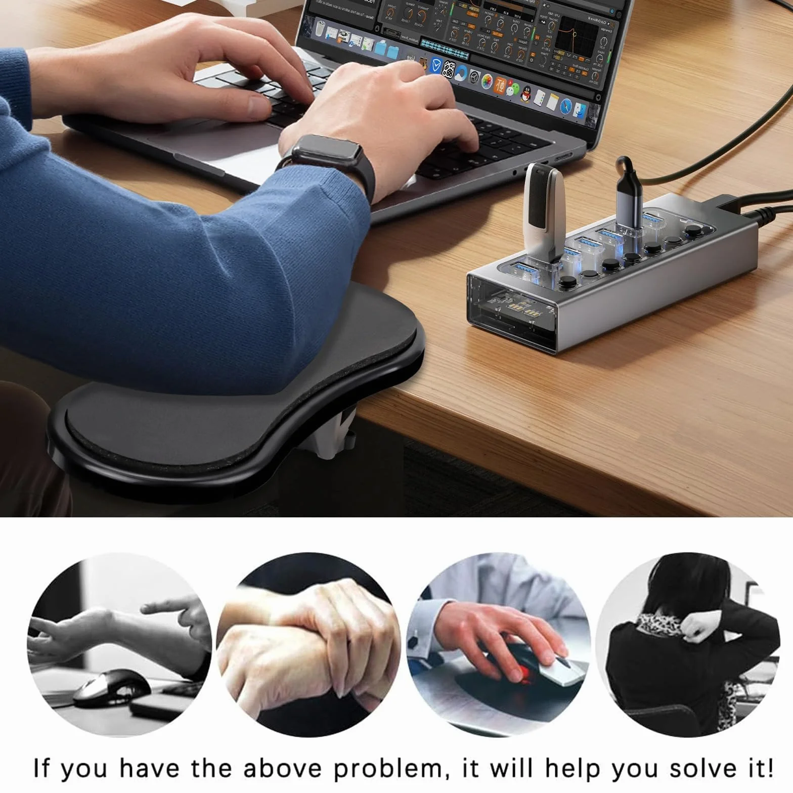 Bracciolo Pad Poggiapolso Braccio Regolabile Staffa di Supporto Ergonomico per Mouse 180°