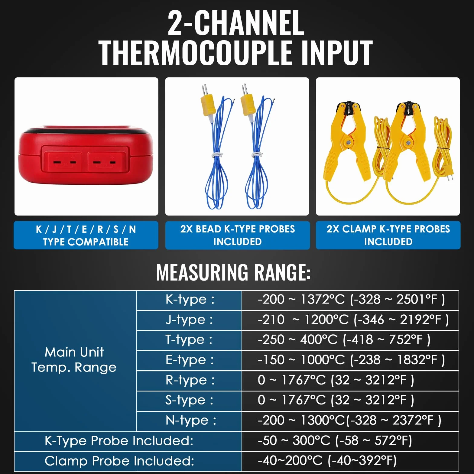 Termometro a termocoppia a doppio canale Tipo K/J/T/E/R/S/N -150~1767 °C Misuratore di temperatura digitale Retroilluminazione 2 sonde
