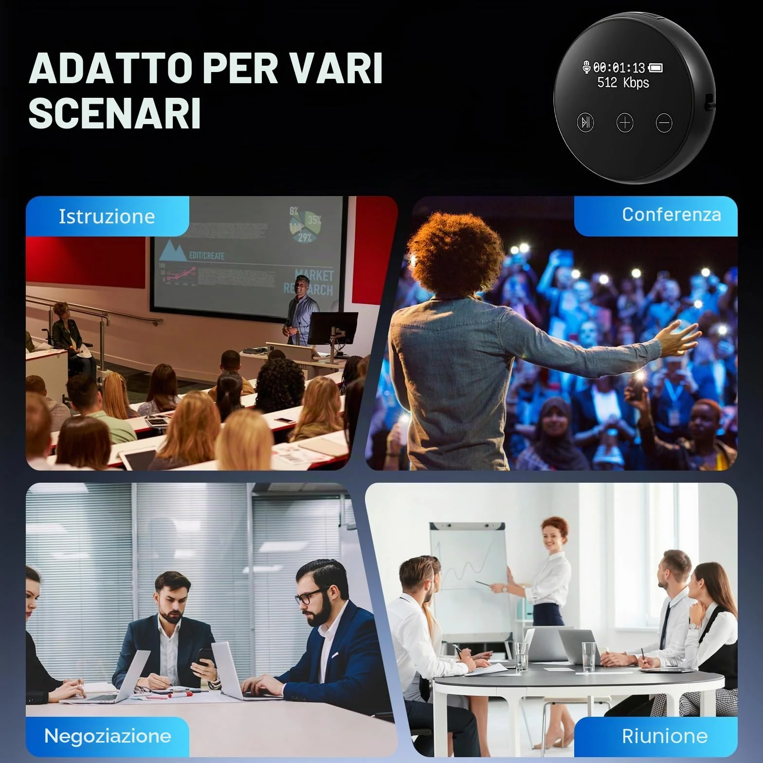 Dittafono digitale, 64 GB, 3072 Kbps, attivazione vocale, riduzione del rumore, ricarica USB, magnetico