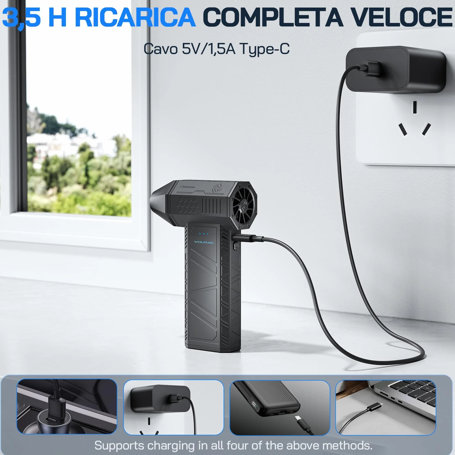 WOLFANG Soffiatore a Batteria, Aria Compressa Elettrico Rimuovi Polvere, Mini Soffiatore Portatile Ricaricabile, Soffiatore Aria Compressa Elettrico 110000 RPM con 3 Velocità