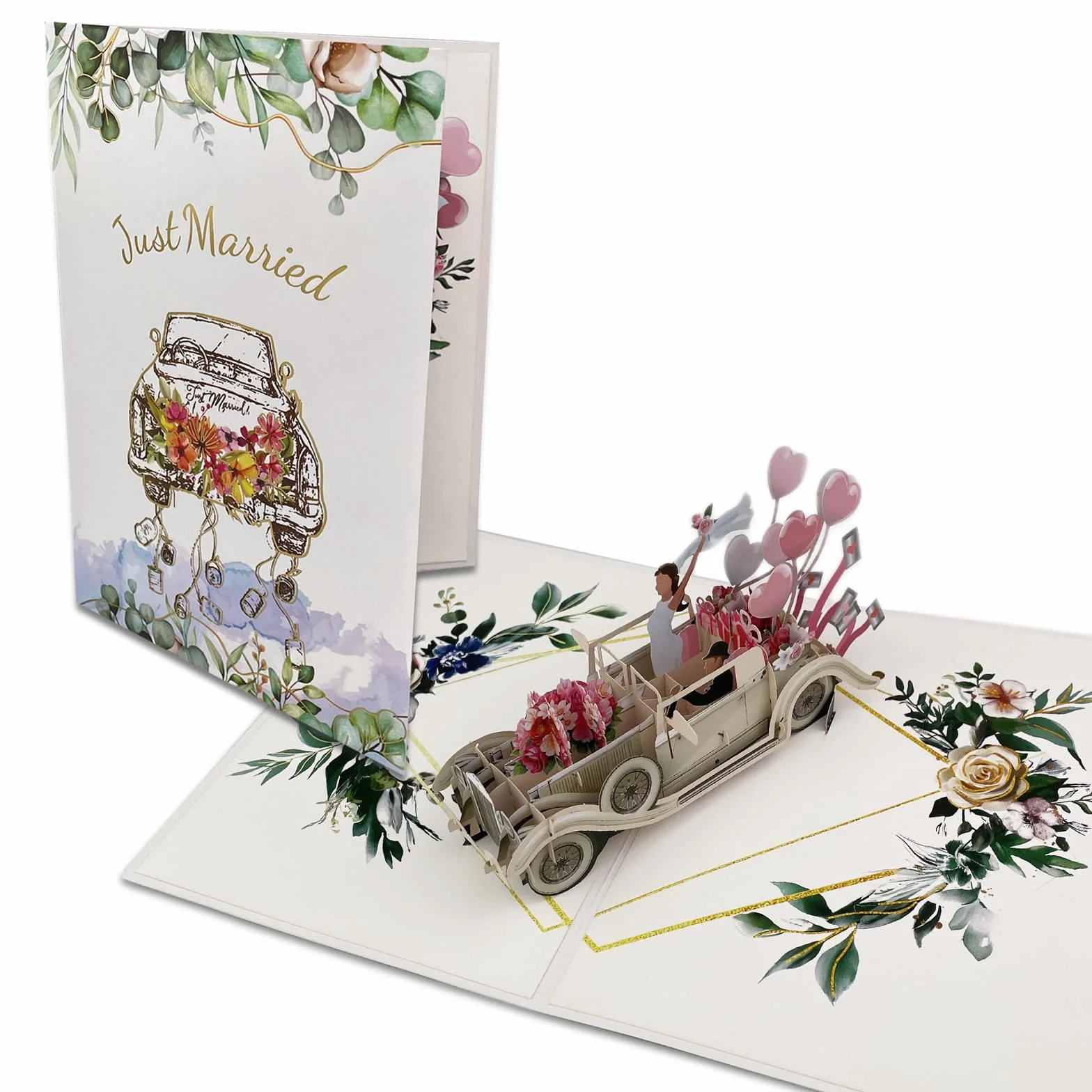Elegante Biglietto Pop-Up 3D con Auto Just Married per Matrimonio, Regalo in Denaro per Viaggio di Nozze