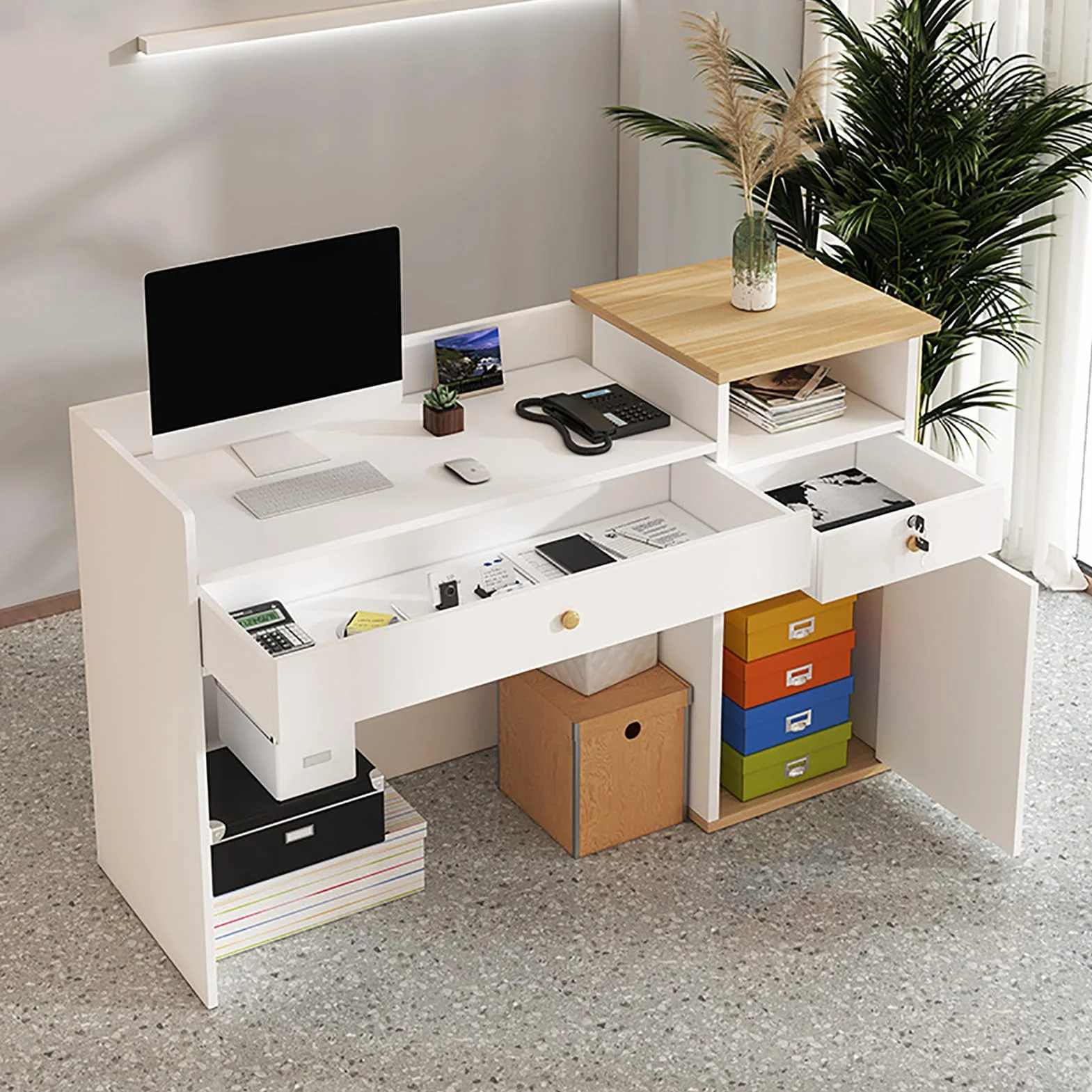 GAOXIAO Banco Reception Curvo Alto Ufficio con Cassetti, Bancone Cassa per Negozio Abbigliamento, Tavolo da Banco Cassa al Dettaglio, Cassa Reception per Parrucchieri Piccole Estetica C 100 cm