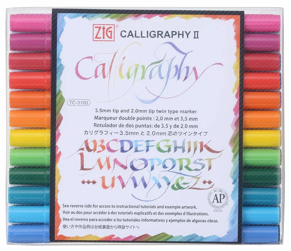 Kuretake Zig - Pennarelli per calligrafia, 24 colori, 2 mm e 3,5 mm, a doppia punta, per scrittura e scrittura a mano, per professionisti, principianti, inchiostro a base d'acqua, realizzati in
