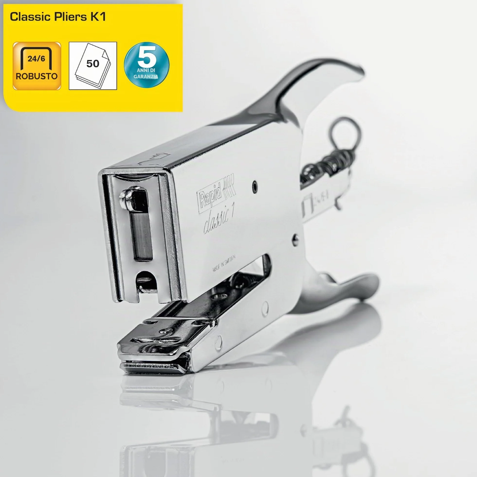 Rapid Classic K1+ Cucitrice a pinza per punti n.24, Pinzatrice compatibile con graffette n.24-6 & 24-8+, Incudine regolabile, Caricamento posteriore, Certificata ClimatePartner, Cromato