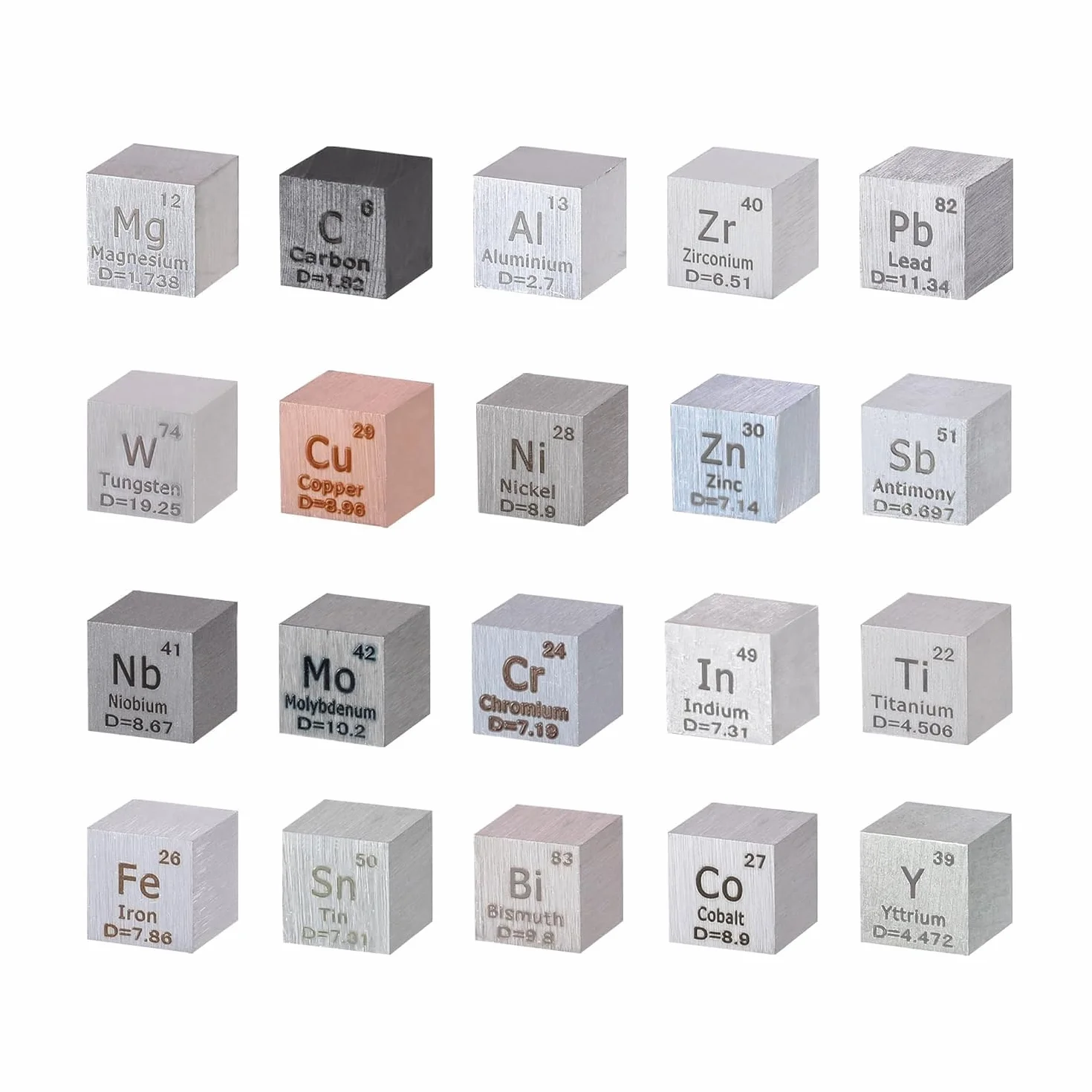 20pcs Set Cubo Elemento 0.39 "Densità Metal Cube Set 10mm Fino a 99.99% Purezza, Tungsten Cube, Bismuth e 18 Più per gli studenti Teacher Science Lover Collection & DIY (20)