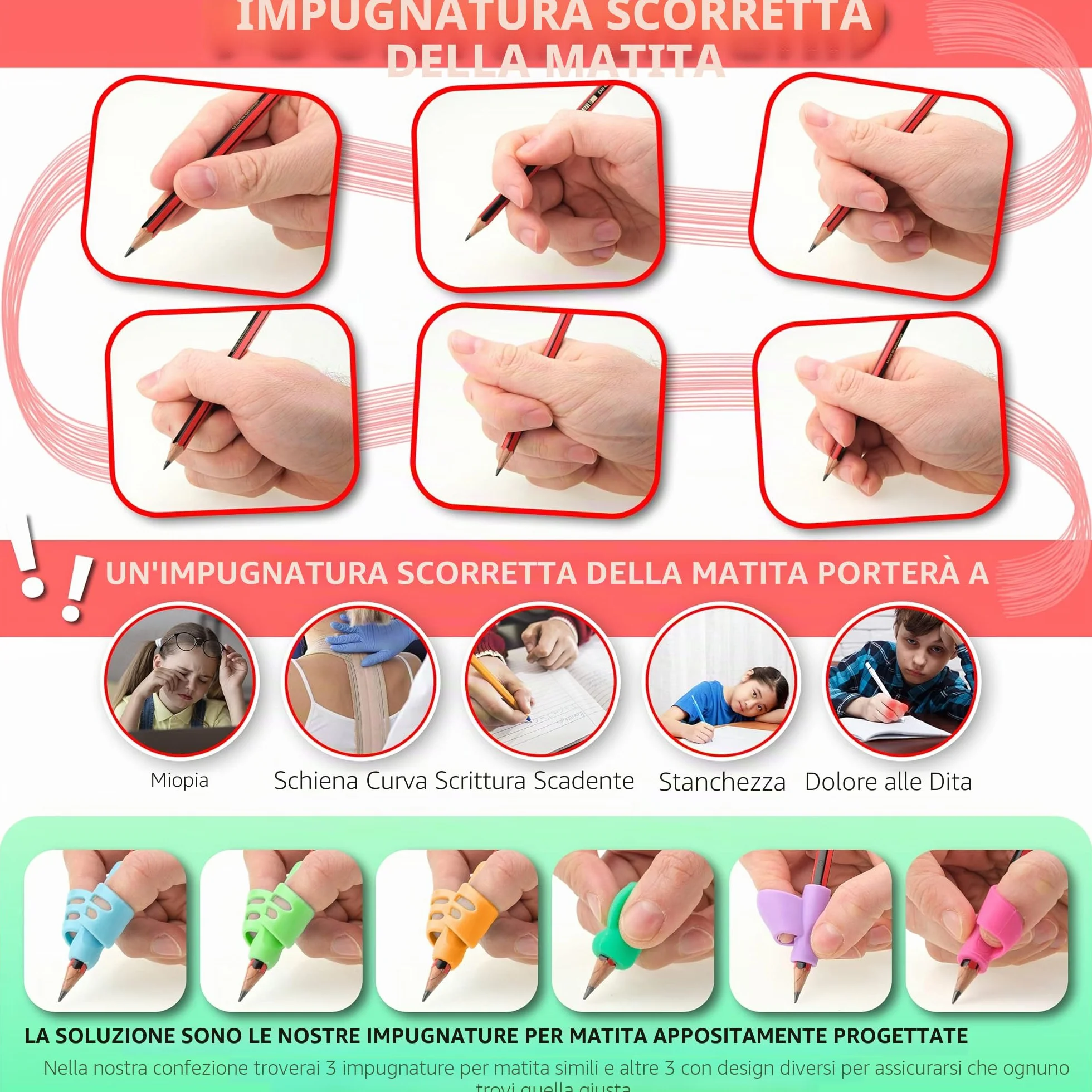 Stylo Impugnatura Matita Bambini, Confezione da 6, Impugnature Ergonomiche