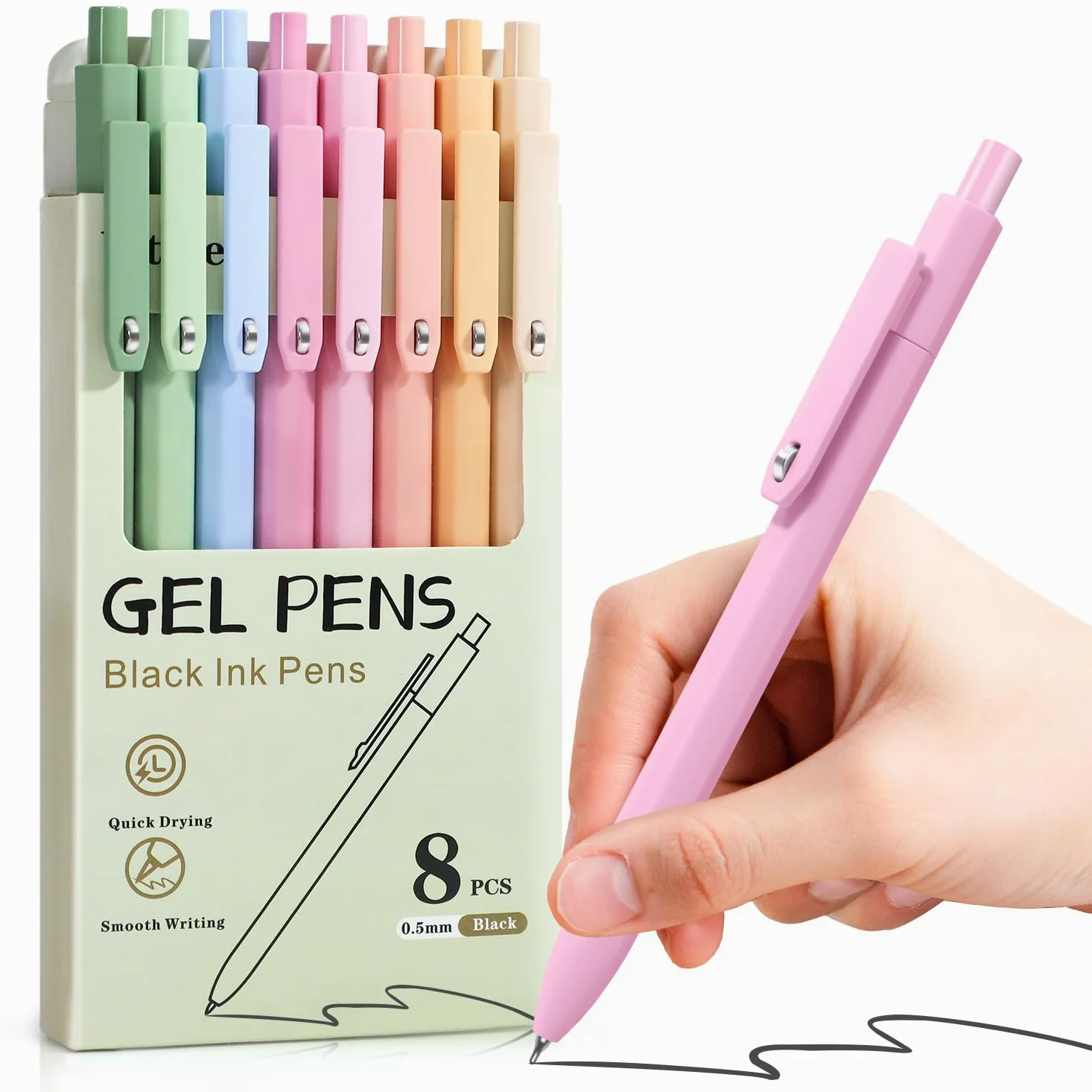 Piochoo Penne gel, 8 penne estetiche a punta fine da 0,5 mm, ad asciugatura rapida, senza sbavature, scrittura liscia, impugnatura comoda, graziose penne a inchiostro nero, penne per diari per