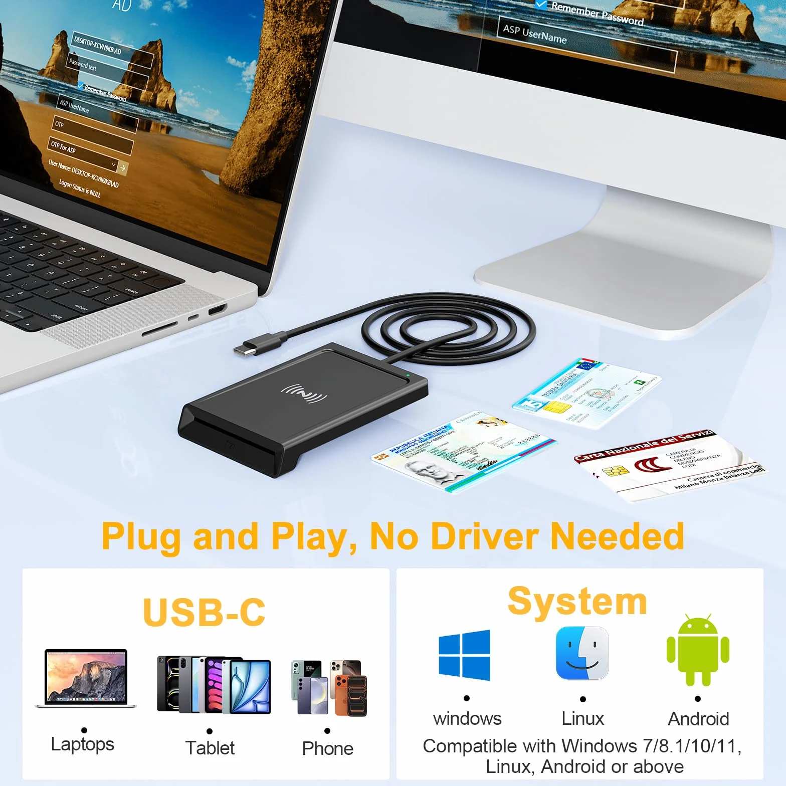 USB C Lettore CIE 3.0 Carta d'identità Elettronica e Tessera Sanitaria Italiana,Lettore Smart Card Firma Digitale Lettore Smart contatto e contactless CIE/CRS/CNS,Lettore NFC per Windows 10 11 Linux