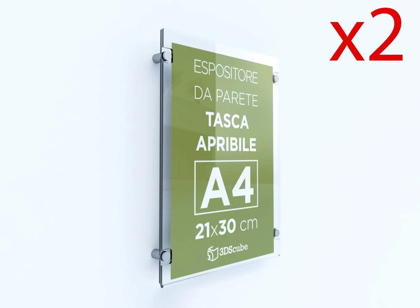 N.2 PEZZI Targa in plexiglass da parete a tasca apribile, porta avvisi e depliant formato A4 verticale 21×30 cm, completa di distanziali in alluminio (2 pezzi)