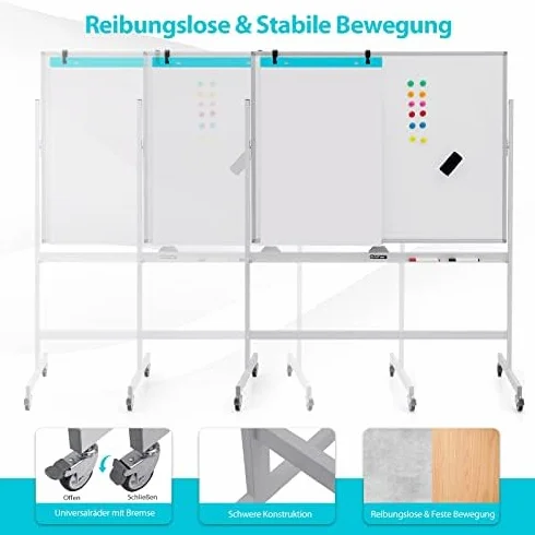 FANTASK Lavagna bianca mobile su entrambi i lati, 120 x 90 cm, con ruote e supporto