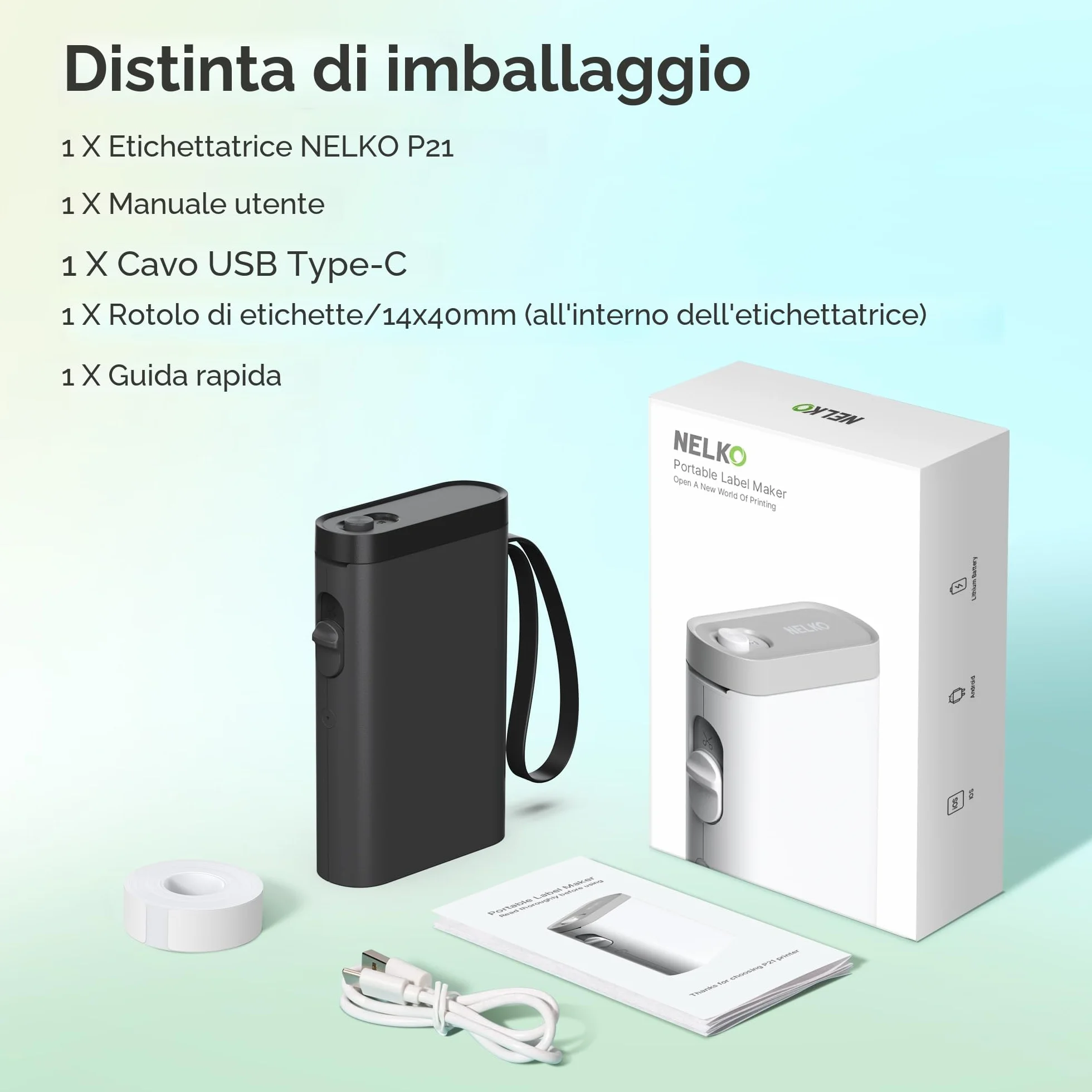 Nelko P21 Etichettatrice Bluetooth Mini Stampante Portatile Nero