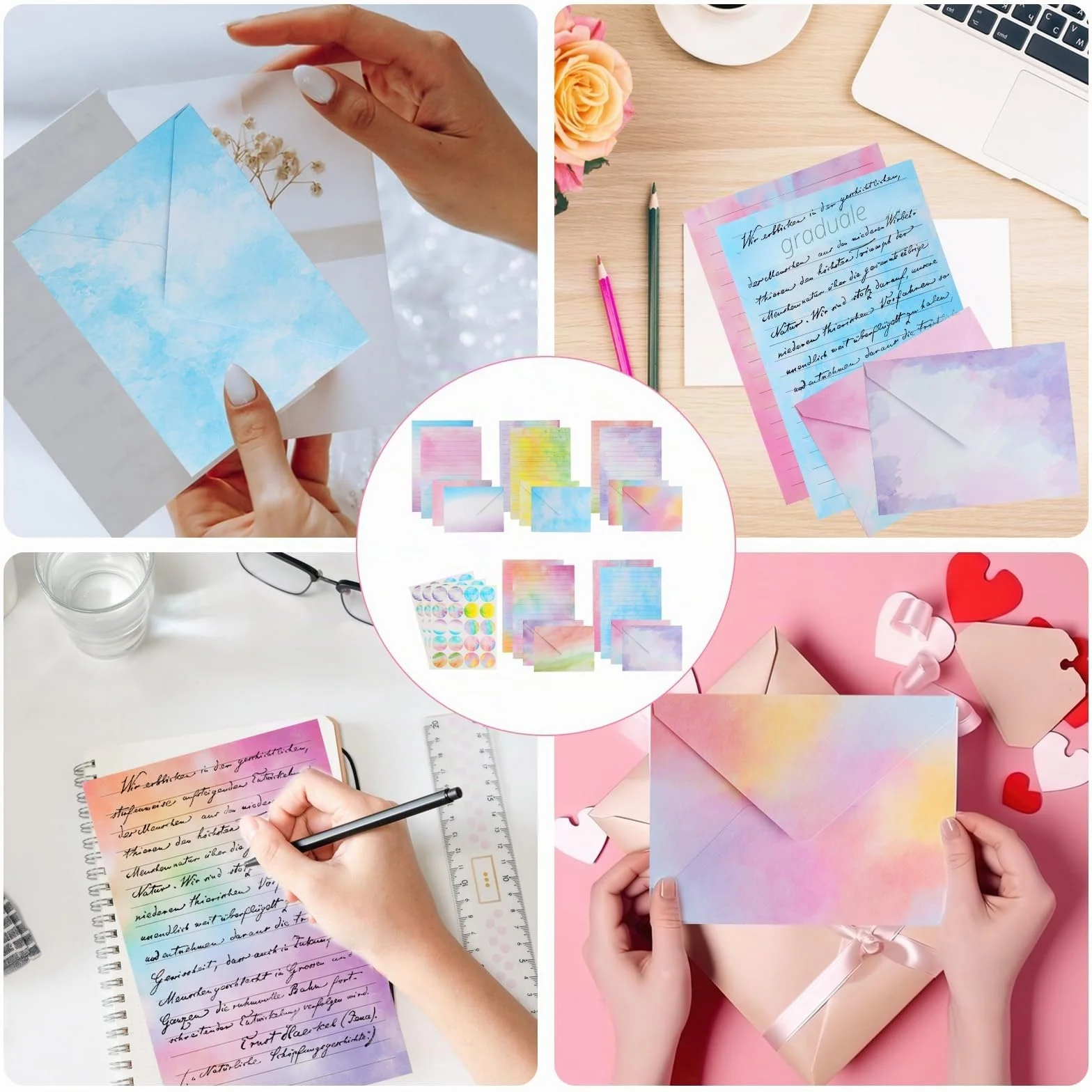 Carta da Lettere con Busta Set 160 Pz, Buste Colorate per Lettere Acquerellabili, Include 60 Adesivi
