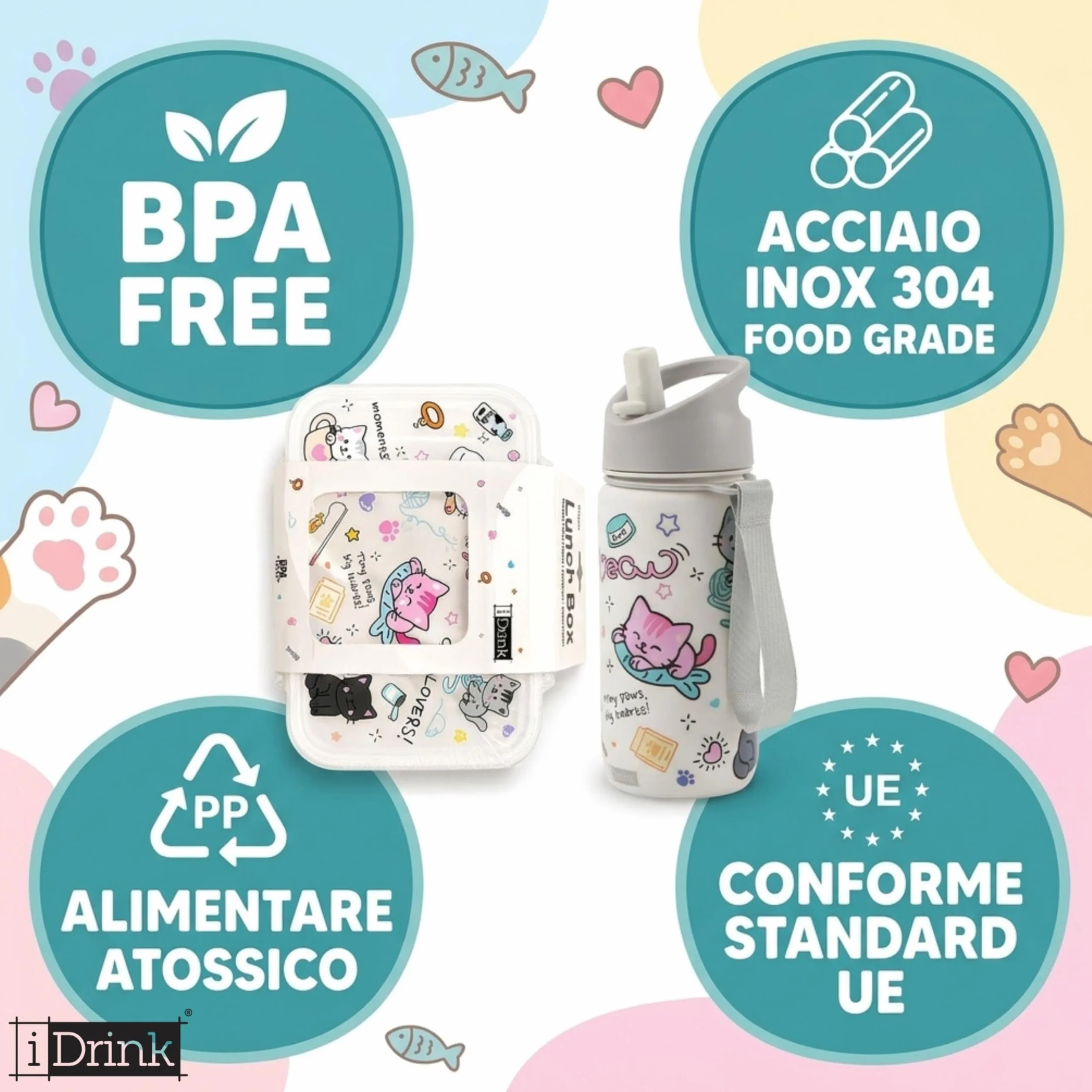 iDrink Set Scuola Bambini - Borraccia Termica 420ml con Cannuccia + Lunch Box con Posate e Scomparti - Acciaio Inox e PP BPA Free - Kit Pranzo e Merenda per Asilo ed Elementari - per Gite (Gattini)