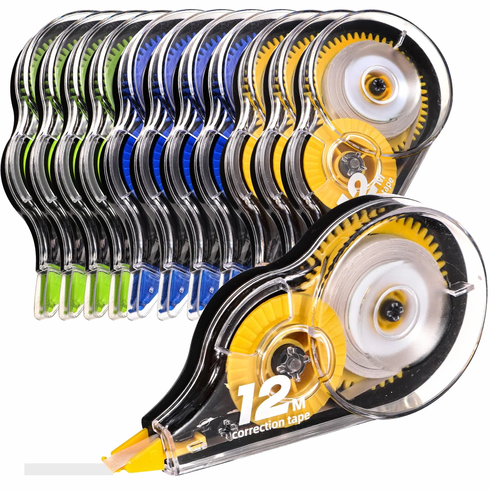 Yoosso 12 Pezzi Bianchetto a Nastro 12m x 5 mm Correttore a Nastro per Bambini Studenti Ufficio (Giallo + Blu + Verde)