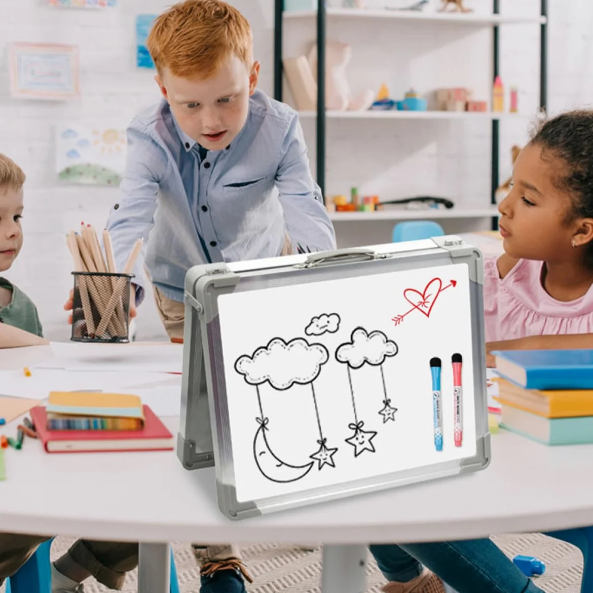 POPETPOP Lavagnetta Magnetica Pieghevole Doppia Faccia in Lega di Alluminio e Abs Bianca Cancellabile Lavagna da Tavolo Portatile per Ufficio e Aule Scolastiche