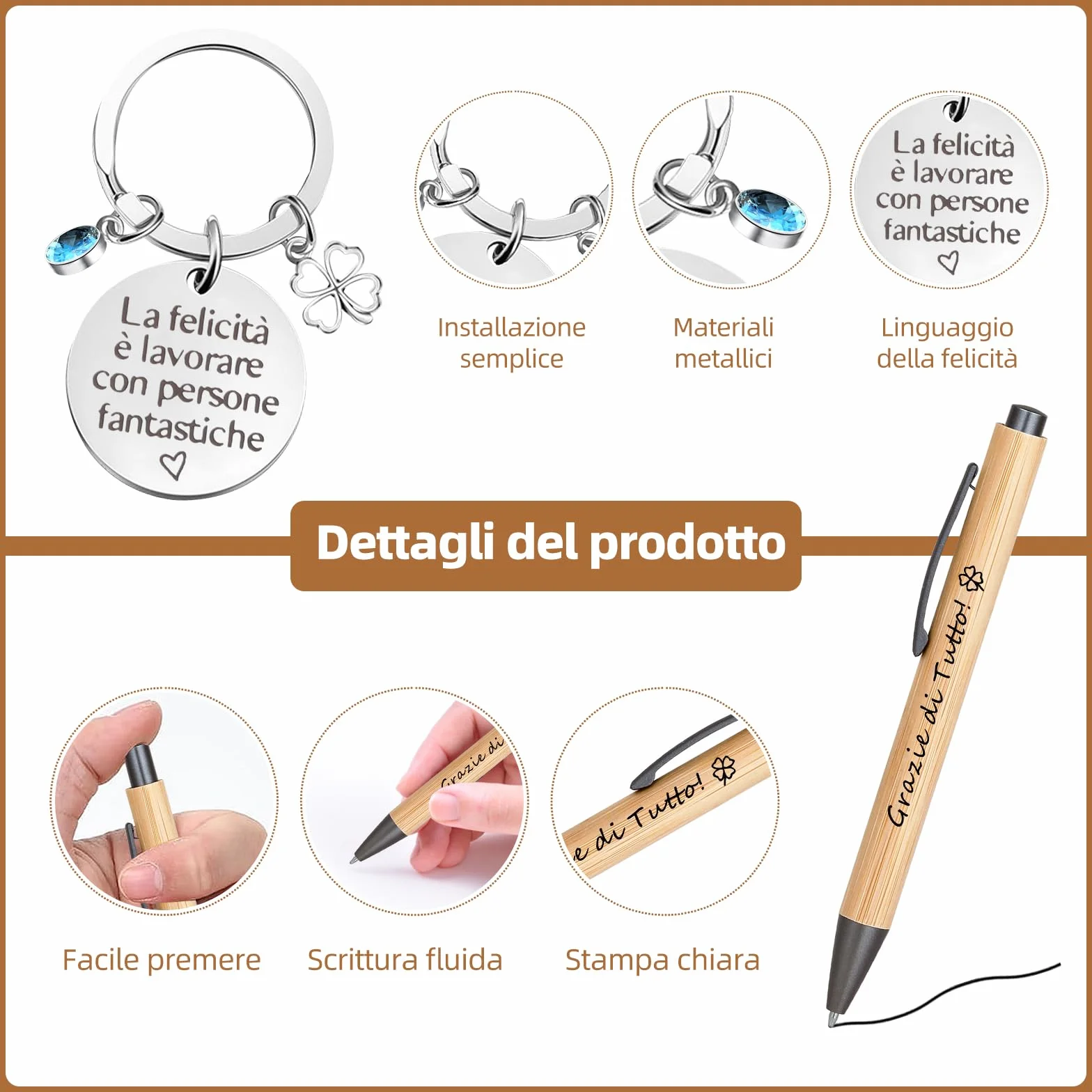 Set regalo 4 pezzi per colleghi: quaderno spirale, penna retrattile, portachiavi, sacchetto garza