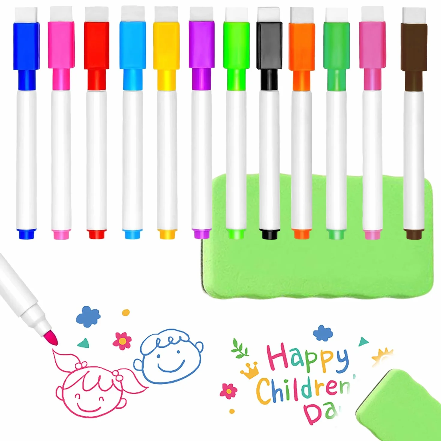 12 Pennarelli per Lavagna Bianca + 1 Cancellino, Penne Magnetiche Colorate, Punta Fine