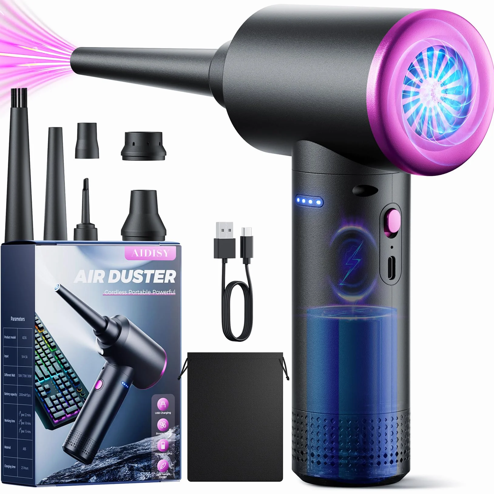 Soffiatore ad Aria Compressa - 100.000 Giri/Min Aria Compressa Spray con Batteria da 9000 mAh, Aria Compressa Elettrico a 3 Velocità con luce LED per la Pulizia del PC, Divano, Tastiera, Auto