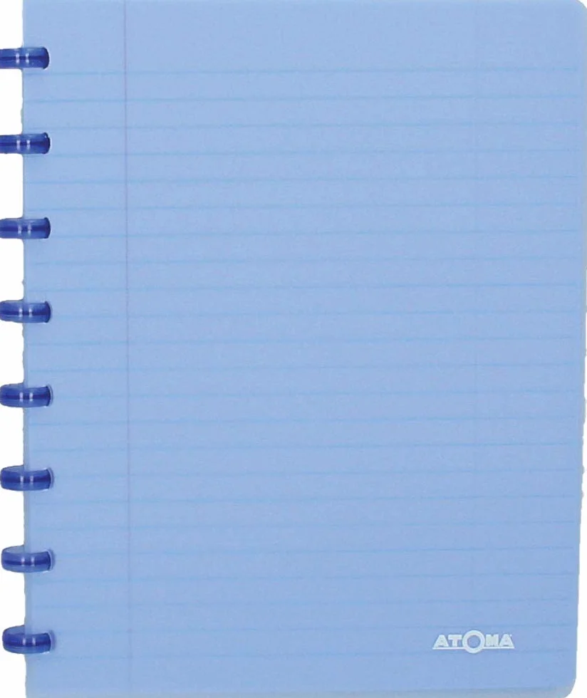 Atoma - 4.1356 - Quaderno ad anelli con copertina in polipropilene riciclabile e 72 fogli staccabili (144 pagine), a righe, 8 mm, con margine, A5, colore: Blu trasparente