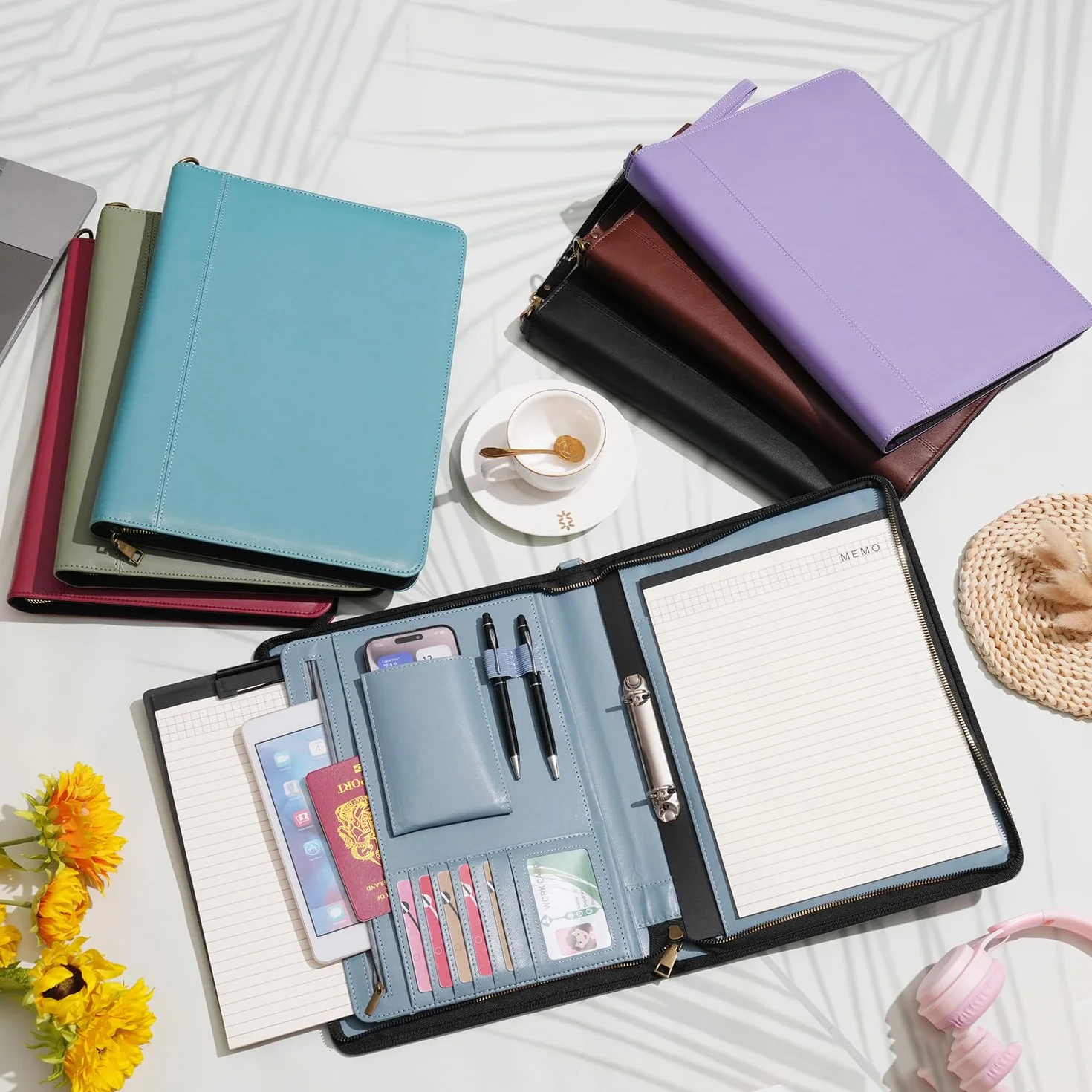 Wason Cartella A4 con Cerniera Portafoglio Pelle PU Raccoglitore Anelli Staccabile Supporto Blocco Note Organizzatore Ufficio Viaggi Scuola Blu nebbia