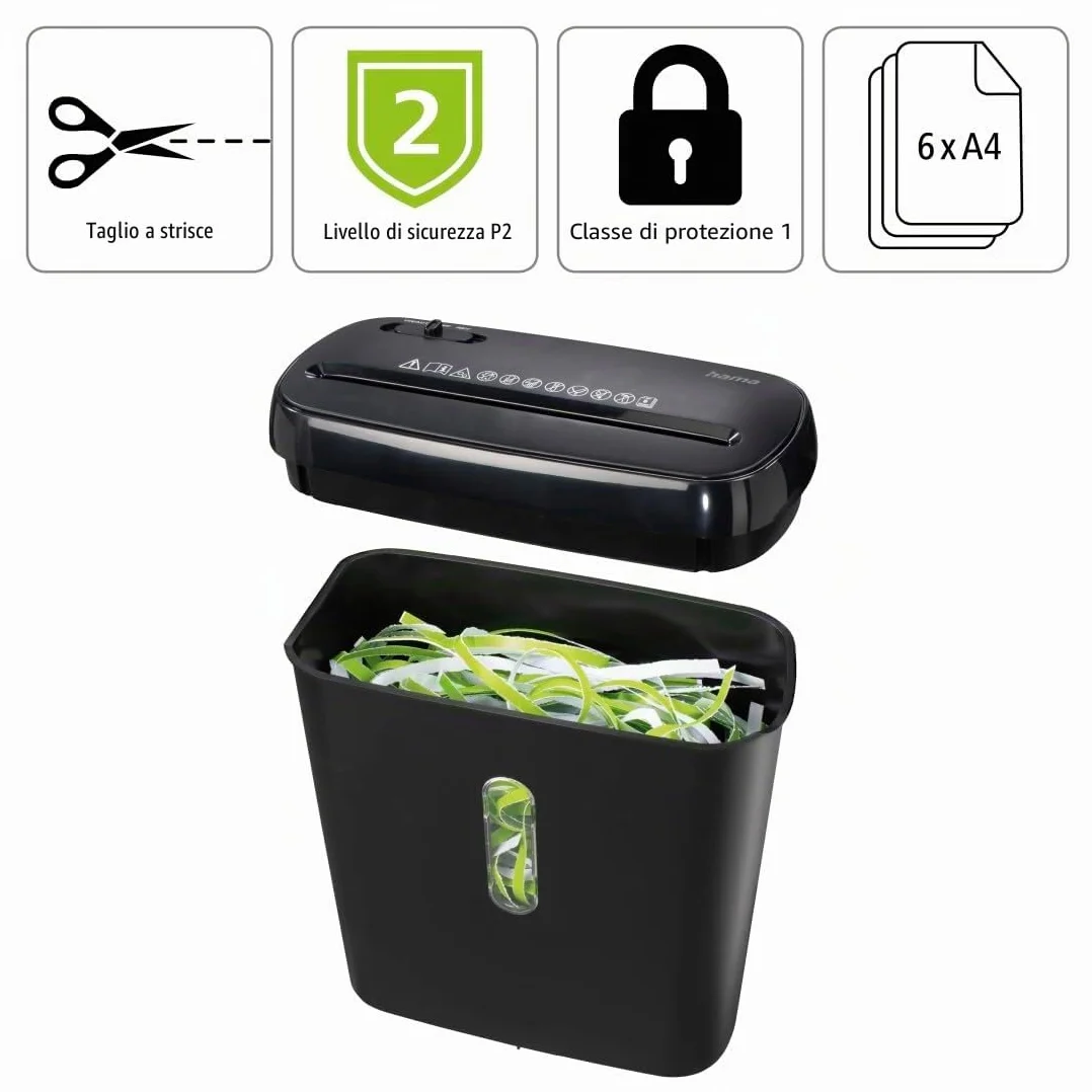 Hama - Distruggi documenti elettrico Basic S6, taglio a striscia, 8 lt, nero