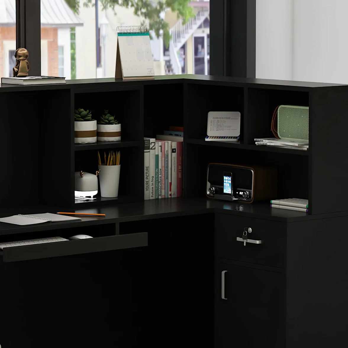 Banco reception, banco reception, tavolo da reception con vassoio per computer e ripiano rimovibile, banco reception con 1 cassetto e 1 armadio, banco reception, MDF, 140 x 80 x 120 cm