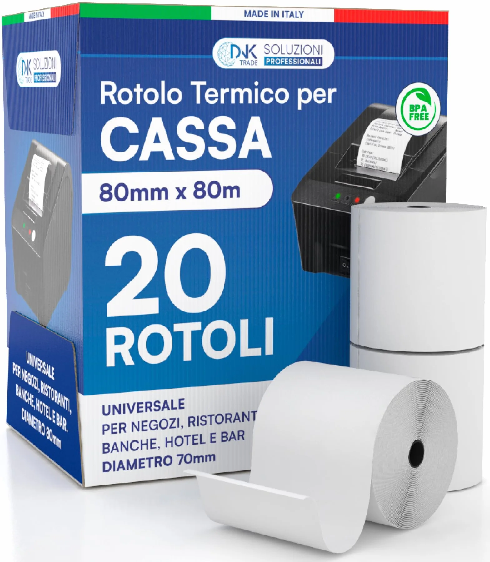 Rotoli Termici per Registratori di Cassa - 20 Rotolini di Carta Termica Omologata 80mm x 80m Universale di Alta Qualità con Diametro 70mm Senza BPA - Compatibili con Nexi Axerve Ingenico