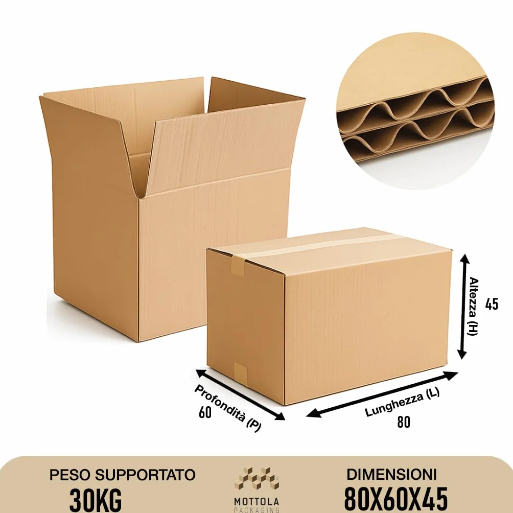 Scatole per Trasloco Cartone 80x60x45 cm (5 pz) - Scatoloni Doppia Onda Avana Resistenti Oltre 30kg - Imballaggi per Spedizione e Archiviazione - Made in Italy