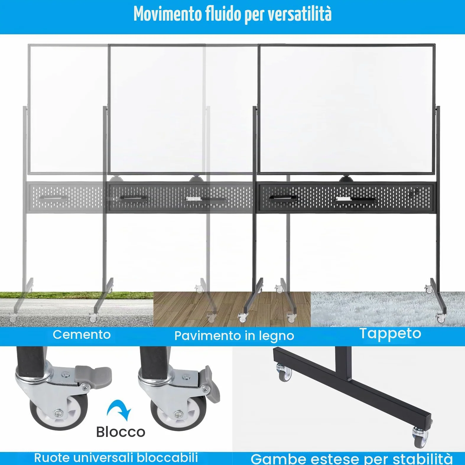 GIANTEX Lavagna bianca mobile double face, 120 x 90 cm, lavagna magnetica su gambe regolabile in 2 altezza, telaio in metallo, pannello perforato, 12 magneti, lavagna bianca rotella, nero
