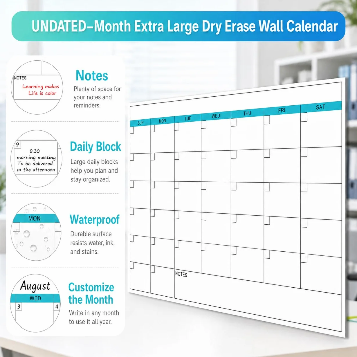Calendario da parete cancellabile a secco, 96,5 x 147,3 cm, calendario giornaliero senza data, riutilizzabile, laminato per 30 giorni, per ufficio, classe, casa (senza pieghe)