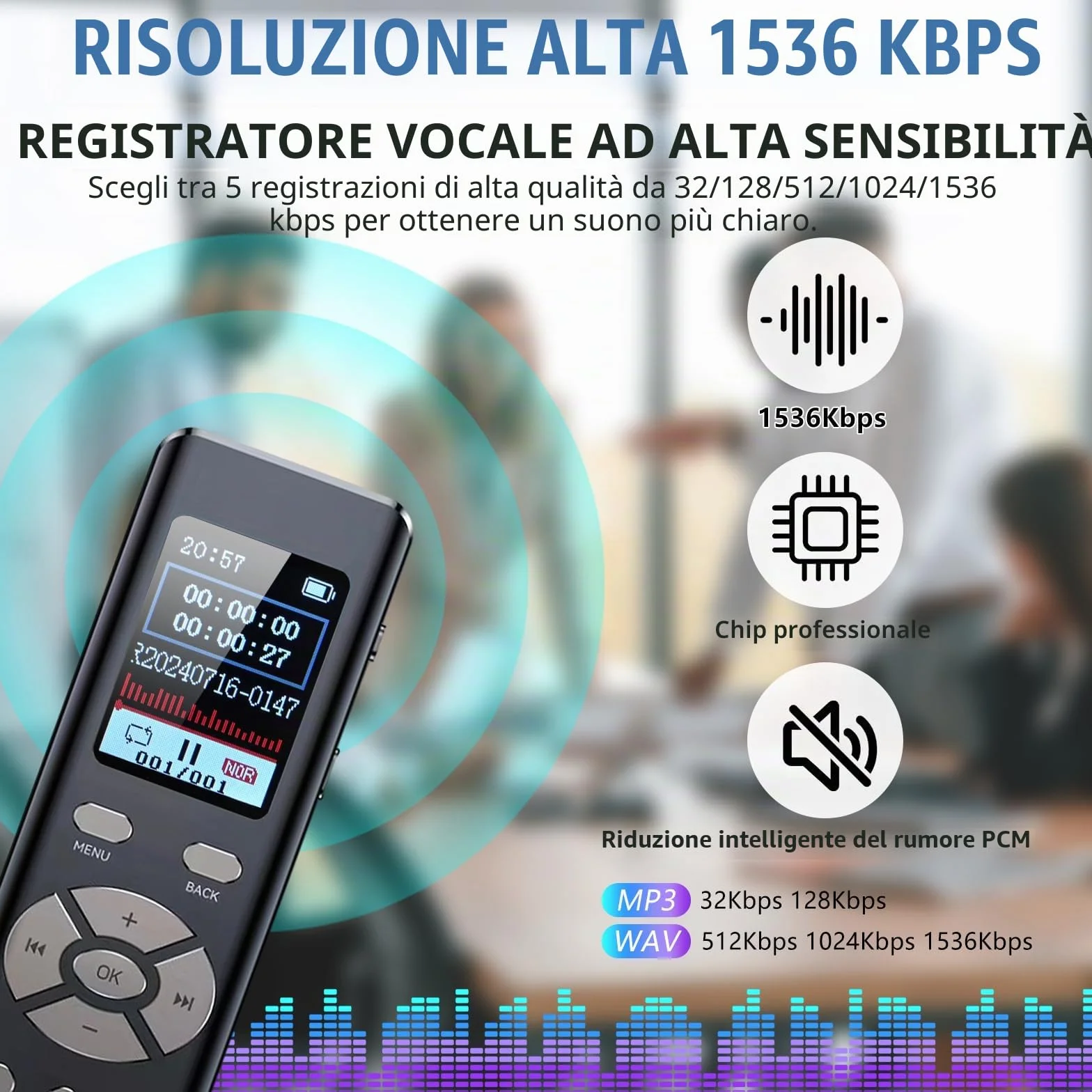 Registratore vocale digitale 64G, dittafono MP3 con funzione loop A-B, registrazione HD 1536 Kbps