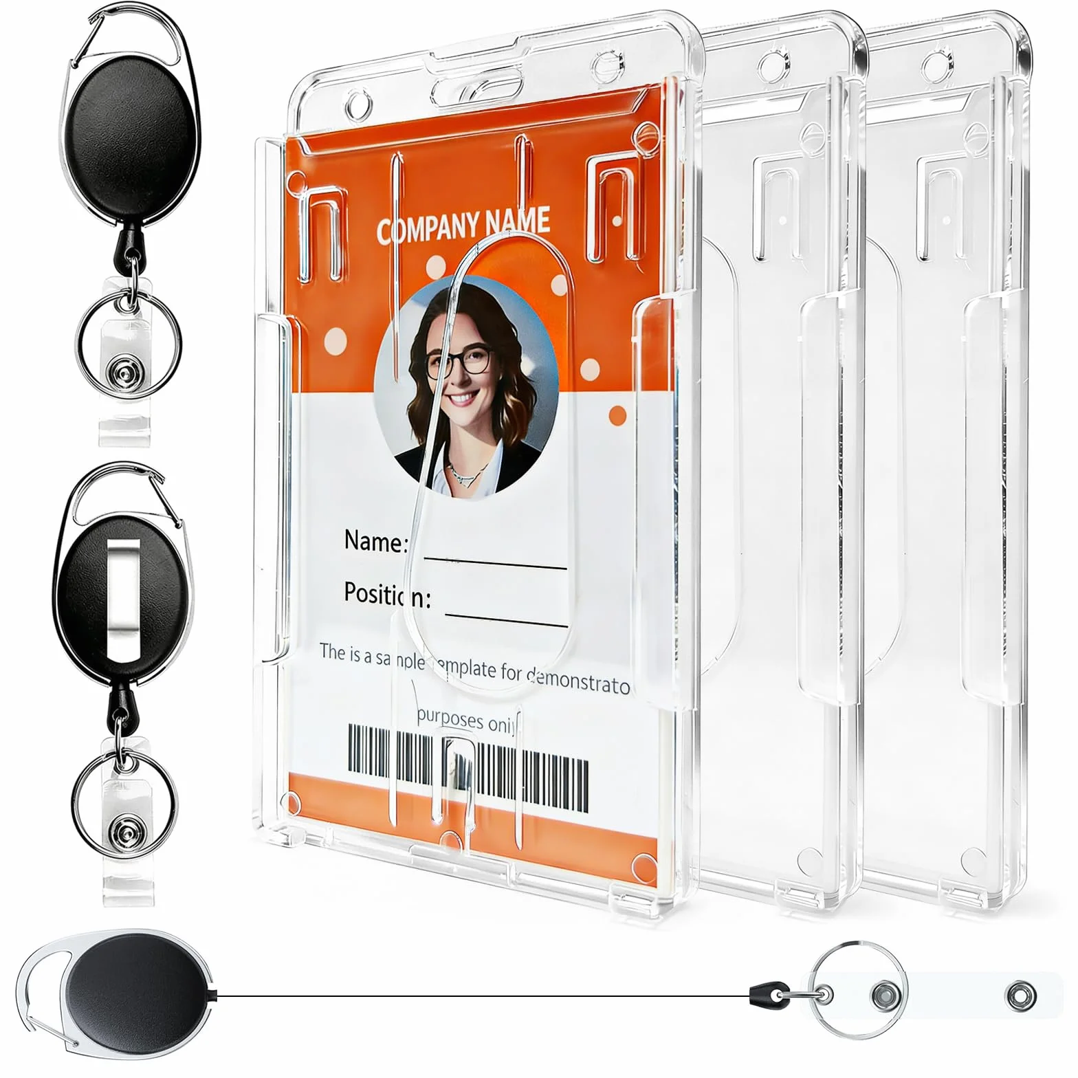Porta Badge con Portachiavi Retrattile 3 Pezzi, Plastica PC Extra Spesso Trasparente