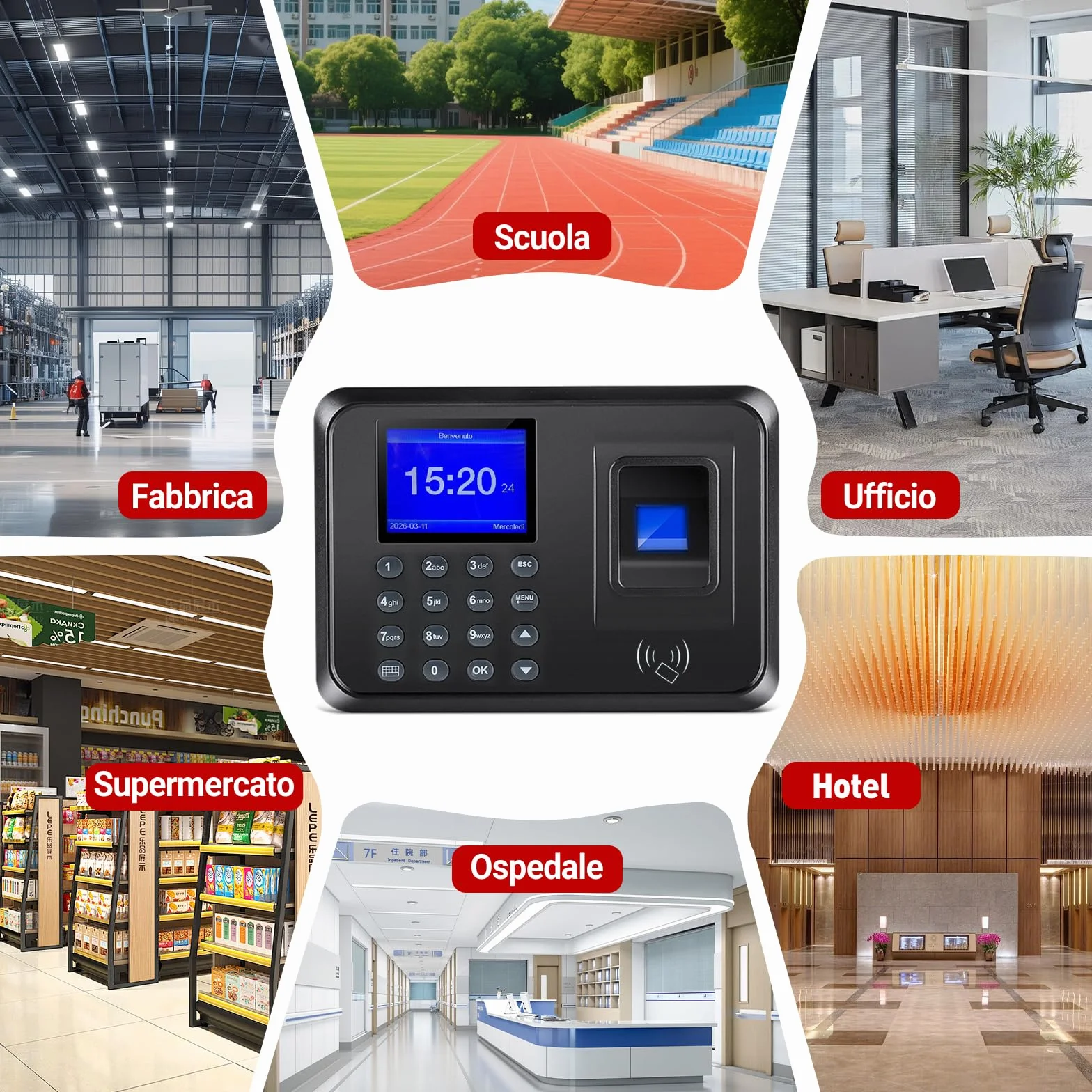 Orologio Marcatempo Biometrico per Piccole Imprese – 3-in-1: Lettore Impronte Digitali, Badge RFID (10 Inclusi), Codice PIN – Timbratrice Presenze Dipendenti senza WiFi, 0 Spese Mensili