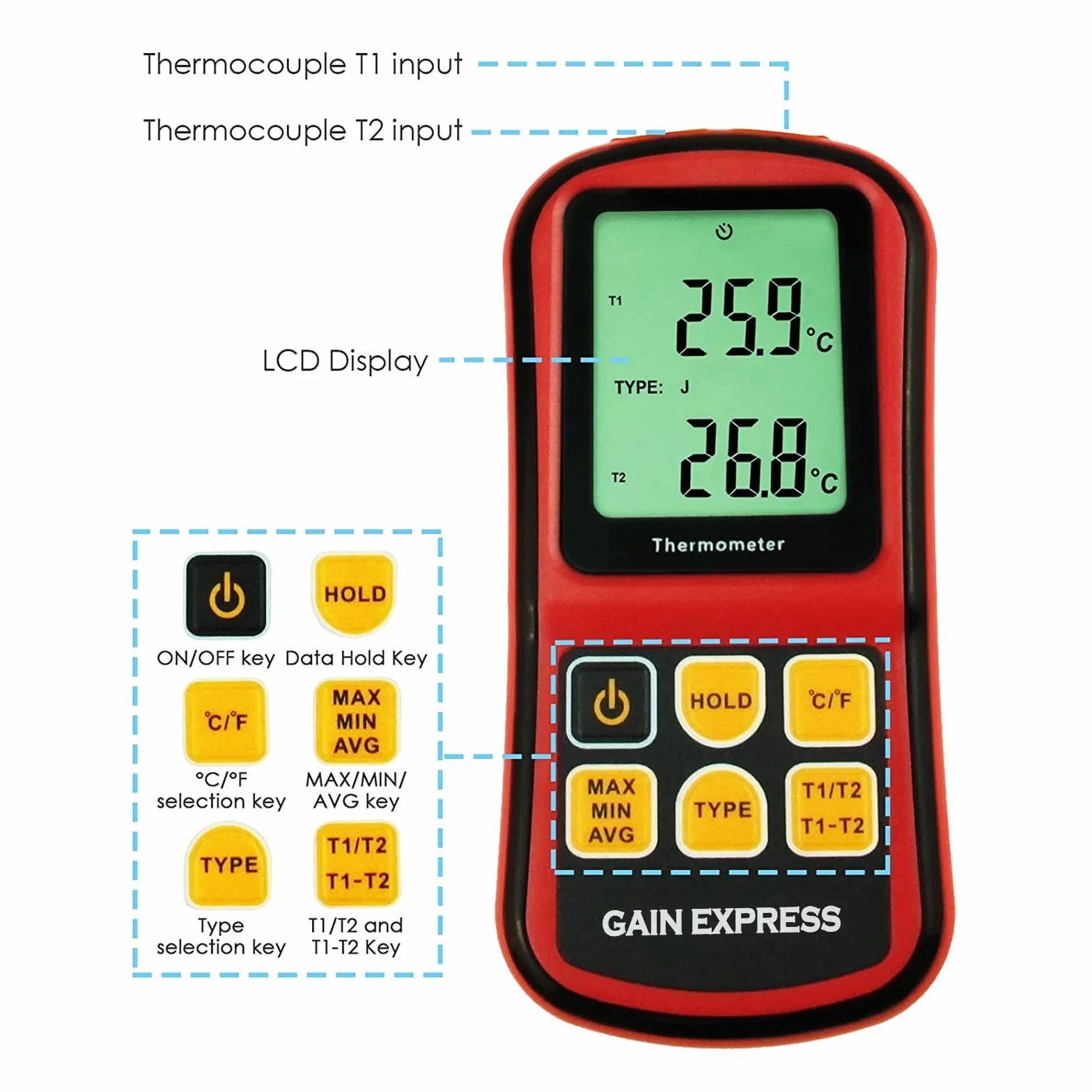 Termometro Digitale Tipo K 2 Canali Termocoppia K/J/T/E/R/S/N Misuratore Temperatura Hvac Display LCD Retroilluminato