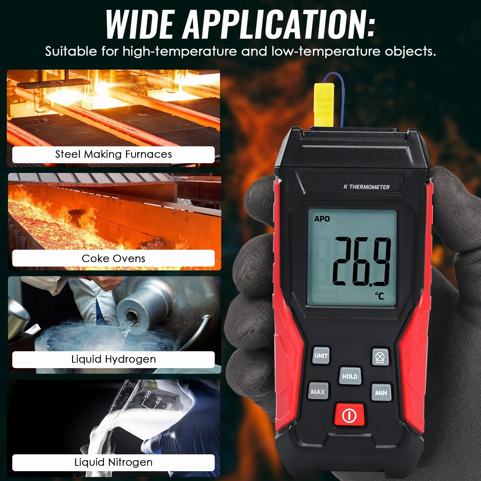Termometro digitale tipo K 2 sonde termocoppia 2 pinze temperatura industriale monocanale -328°F a 2500°F display LCD retroilluminato Max/Min mantenimento dati