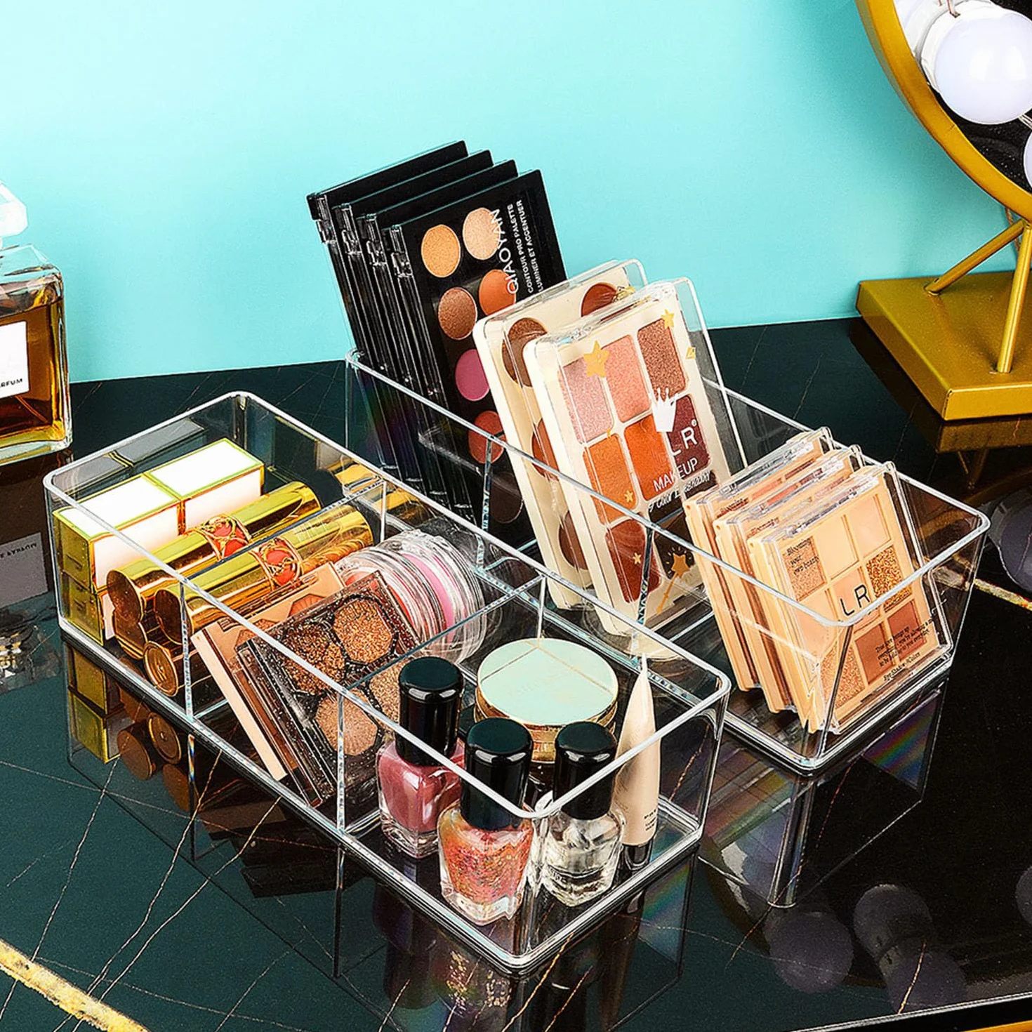 JessLab Set da 4 Organizer per Cassetto in Acrilico, Scatole Trasparenti per Trucco, Gioielli e Forniture da Ufficio, Impilabili per Vanità, Bagno, 2 a 1 Scomparto & 2 a 3 Scomparti