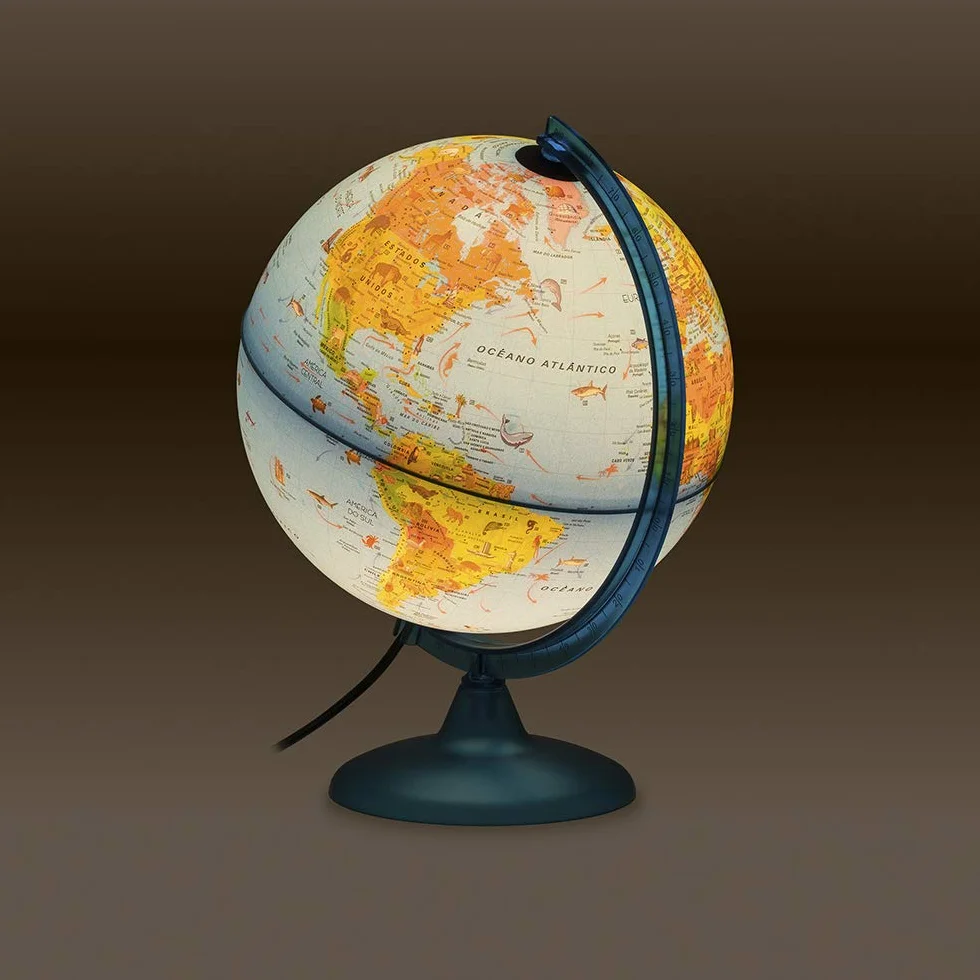 Tecnodidattica - Palloncino Safari per Bambini e Ragazzi | Illuminato e Rotante | Cartografia illustrata e brochure con Informazioni | Meridiano Laureato | Testo in Spagnolo | Diametro 25 cm